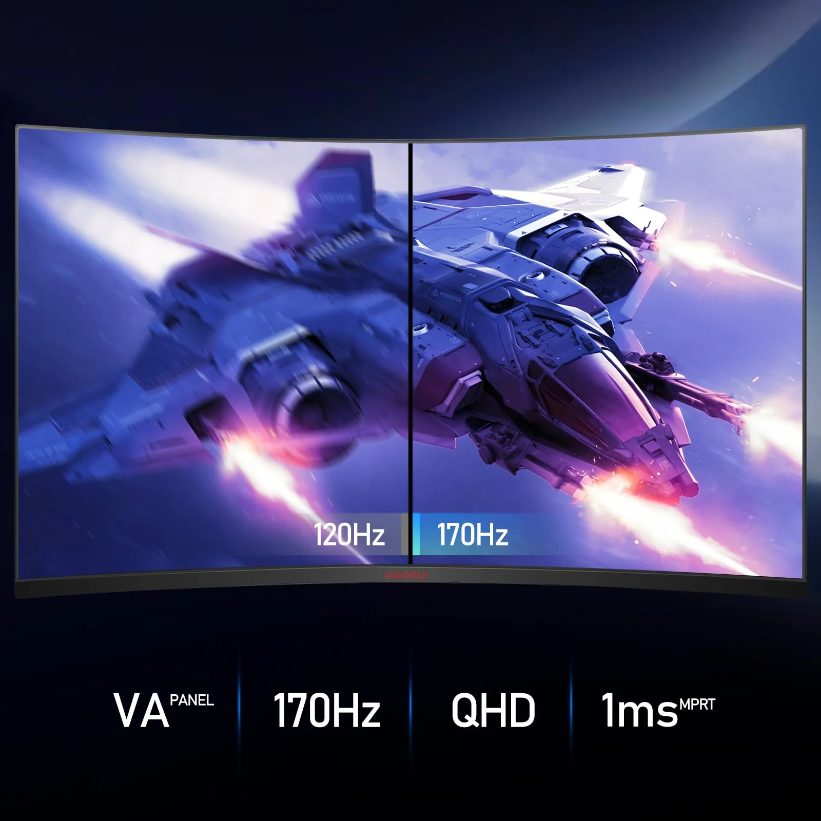 KOORUI 32 Zoll Curved Ultrawide Gaming Monitor, 2K QHD(2560x1440), 170Hz, 1ms, 1500R, VA, HDR 10, 2xHDMI (170Hz or 144Hz), DP (170Hz), AdaptiveSync, DCI-P3 90%, SRGB100%, VESA 75x75mm, Augenpflege - Image 6