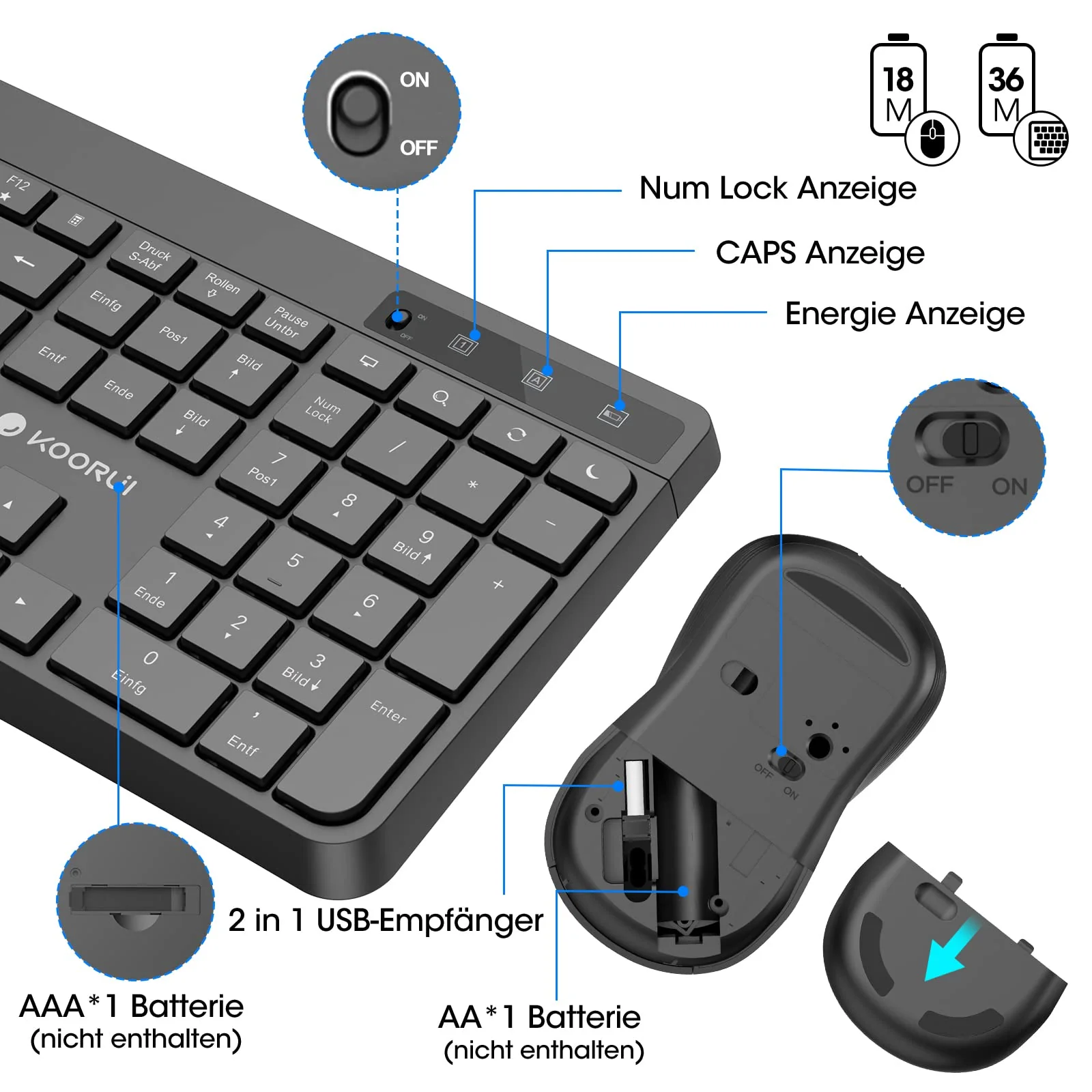 KOORUI Tastatur und Maus Kabellos, Leise Maus Tastatur Set Deutsches Layout QWERTZ mit 12 Funktionstasten 2.4 GHz Tastatur Maus Set für Windows,MacOS,Linux-Schwarz - Image 4