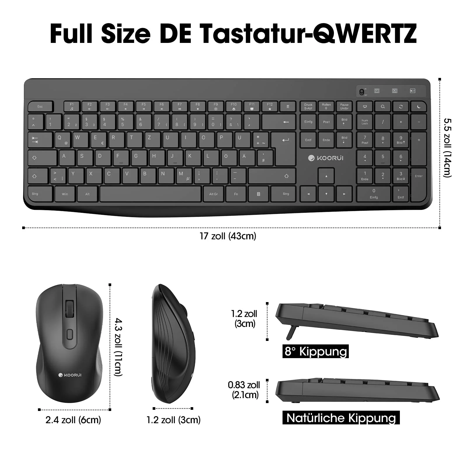 KOORUI Tastatur und Maus Kabellos, Leise Maus Tastatur Set Deutsches Layout QWERTZ mit 12 Funktionstasten 2.4 GHz Tastatur Maus Set für Windows,MacOS,Linux-Schwarz - Image 6