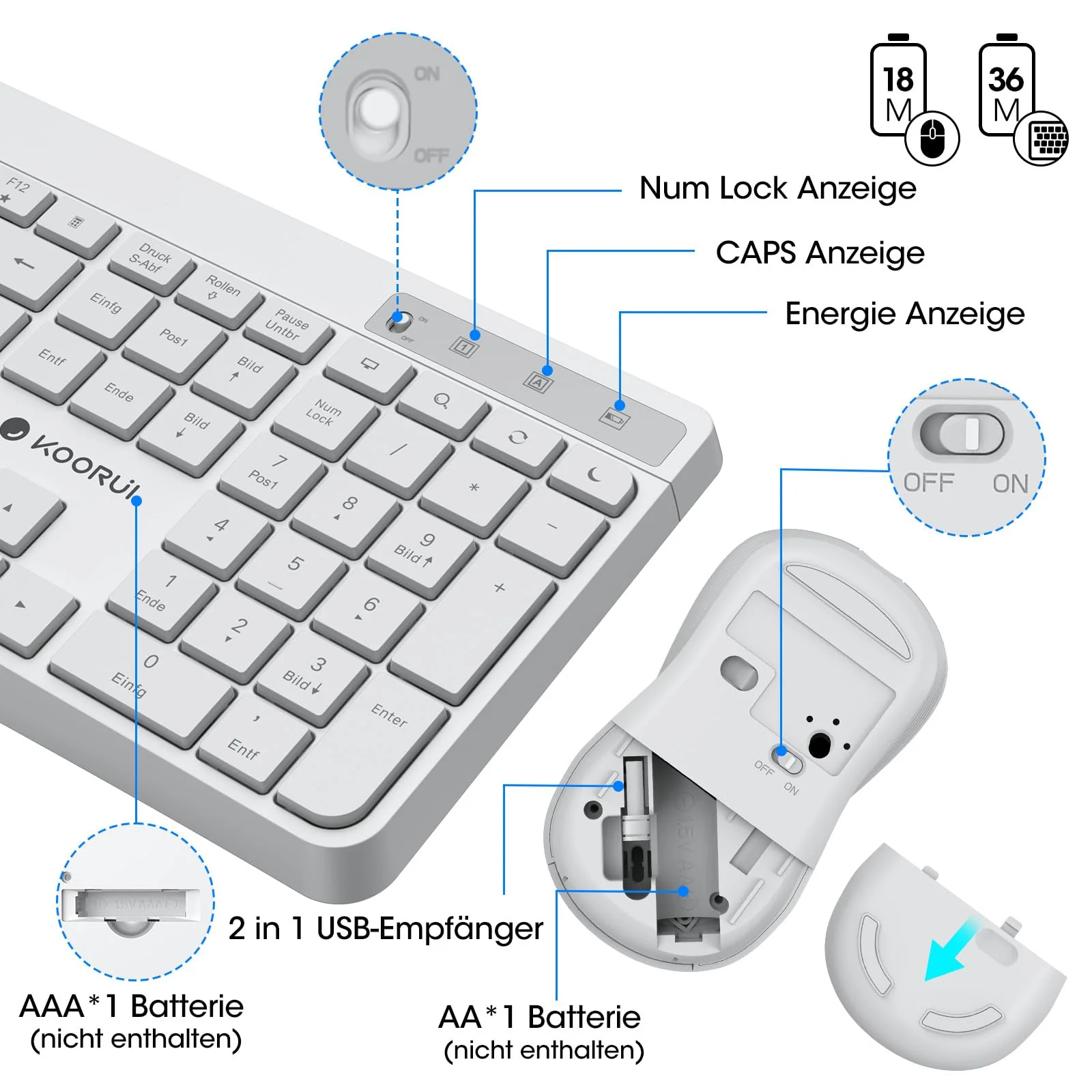 KOORUI Tastatur und Maus Kabellos, Leise Maus Tastatur Set Deutsches Layout QWERTZ mit 12 Funktionstasten 2.4 GHz Tastatur Maus Set für Windows, MacOS, Linux-Weiß (Batterie Nicht Enthalten) - Image 2