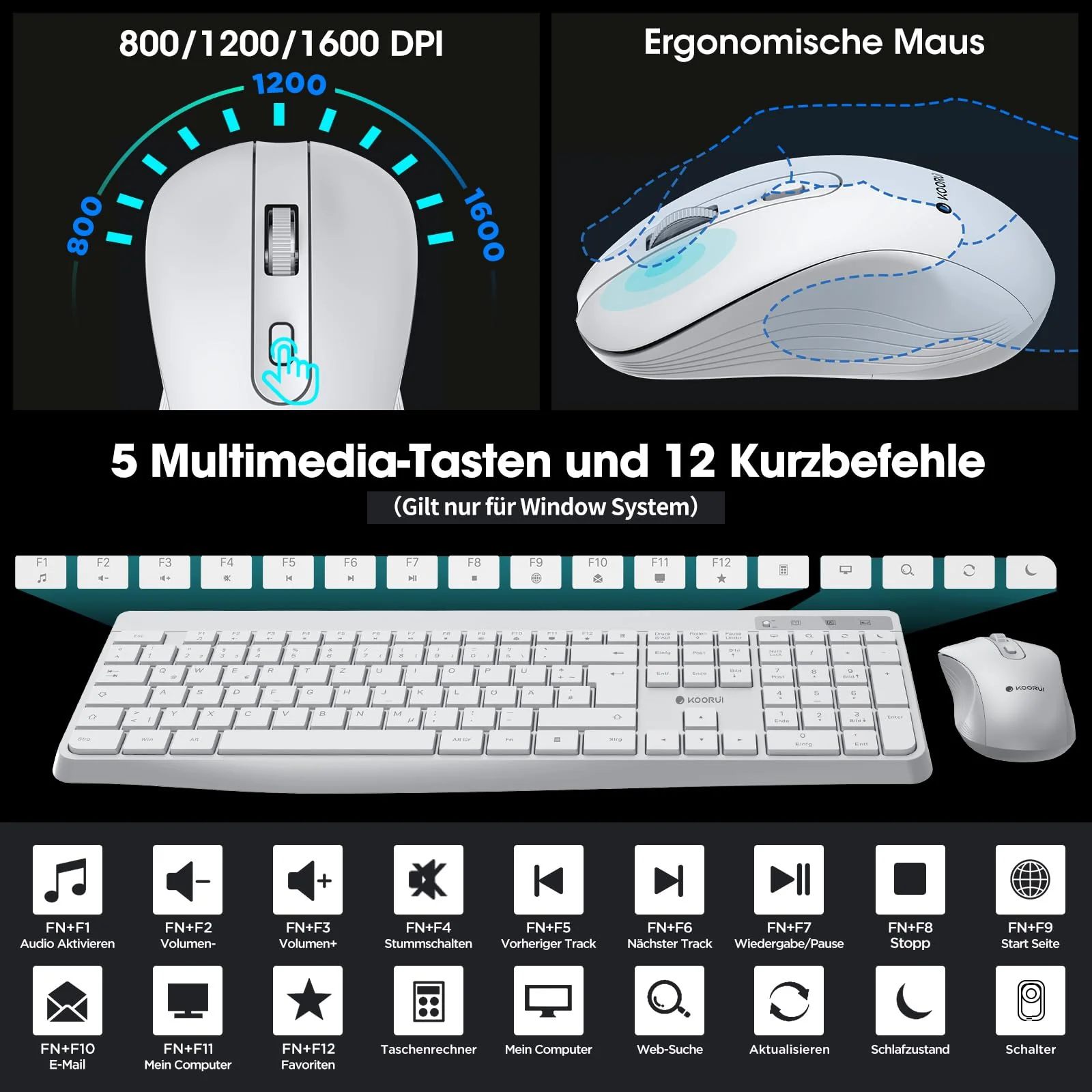 KOORUI Tastatur und Maus Kabellos, Leise Maus Tastatur Set Deutsches Layout QWERTZ mit 12 Funktionstasten 2.4 GHz Tastatur Maus Set für Windows, MacOS, Linux-Weiß (Batterie Nicht Enthalten) - Image 6
