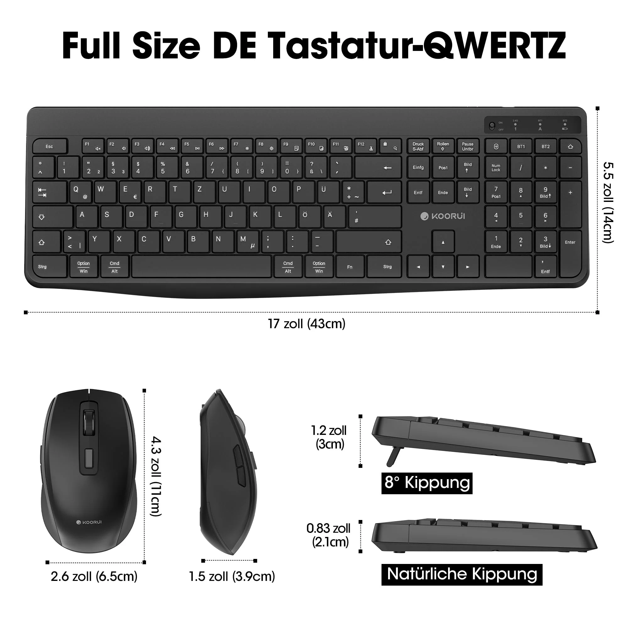 KOORUI Tastatur und Maus Kabellos, Wiederaufladbar Leise Maus Tastatur Set Deutsches Layout QWERTZ mit 12 Funktionstasten 2.4 GHz Tastatur Maus Set für Windows, MacOS, Linux -Schwarz - Image 2