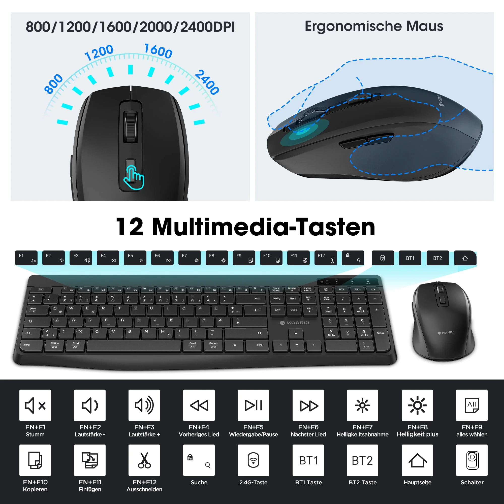 KOORUI Tastatur und Maus Kabellos, Wiederaufladbar Leise Maus Tastatur Set Deutsches Layout QWERTZ mit 12 Funktionstasten 2.4 GHz Tastatur Maus Set für Windows, MacOS, Linux -Schwarz - Image 6