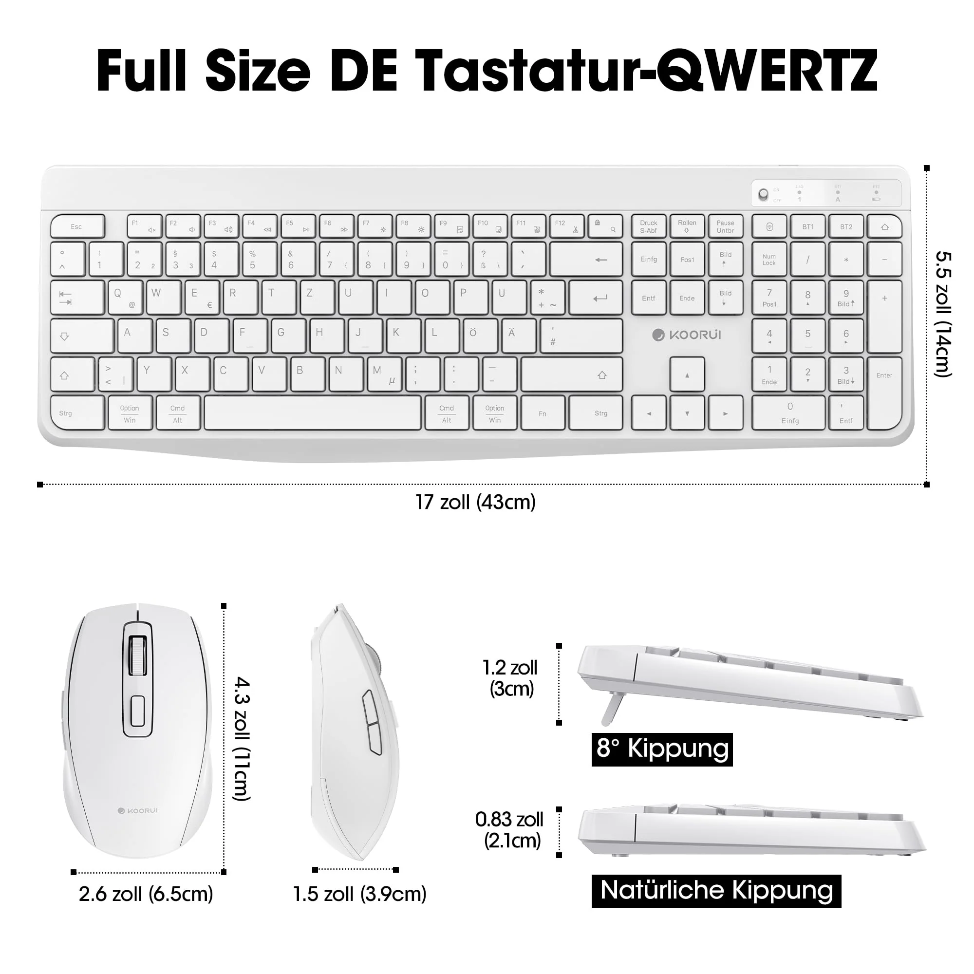 KOORUI Tastatur und Maus Kabellos, Wiederaufladbar Leise Maus Tastatur Set Deutsches Layout QWERTZ mit 12 Funktionstasten 2.4 GHz Tastatur Maus Set für Windows, MacOS, Linux -Weiß - Image 3