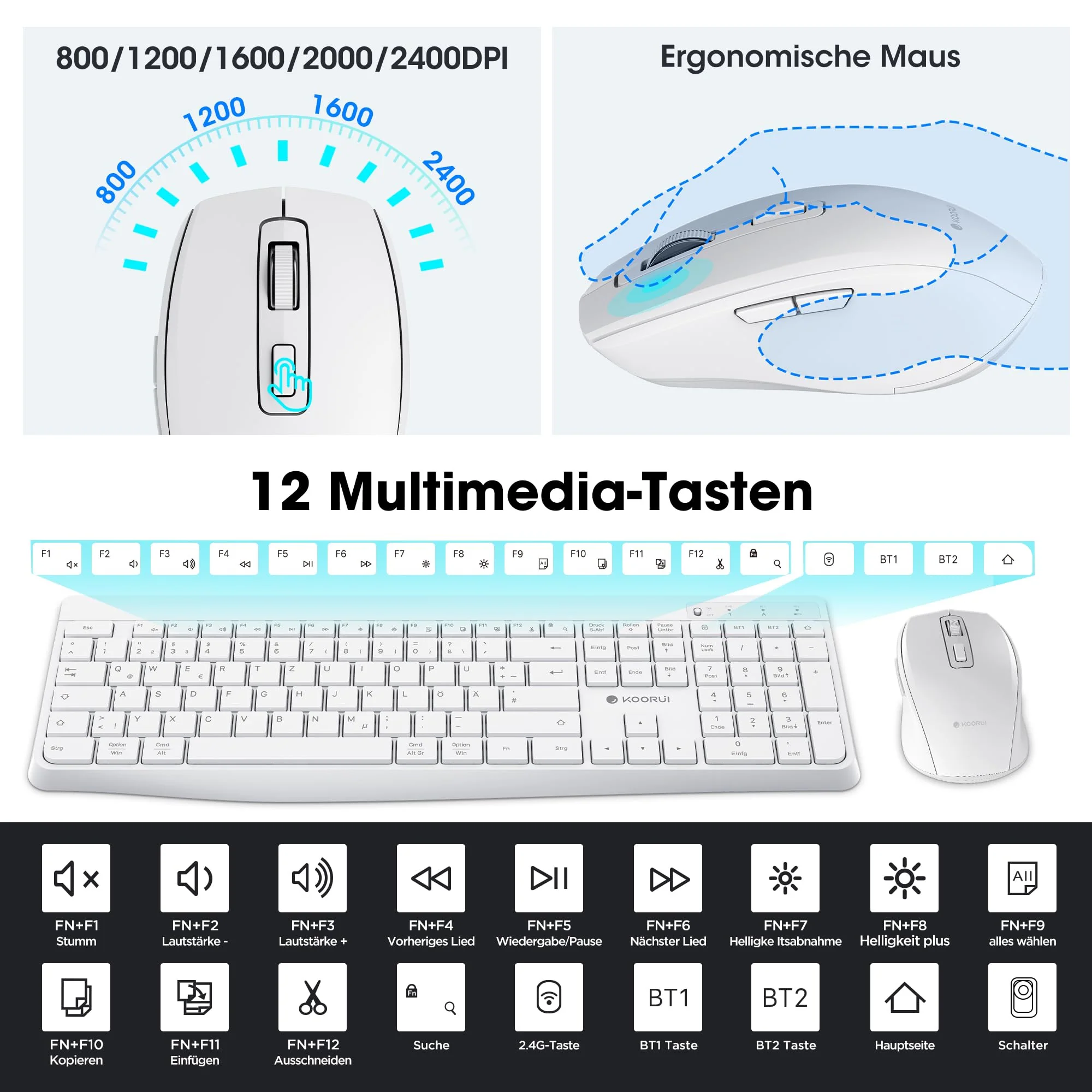 KOORUI Tastatur und Maus Kabellos, Wiederaufladbar Leise Maus Tastatur Set Deutsches Layout QWERTZ mit 12 Funktionstasten 2.4 GHz Tastatur Maus Set für Windows, MacOS, Linux -Weiß - Image 4