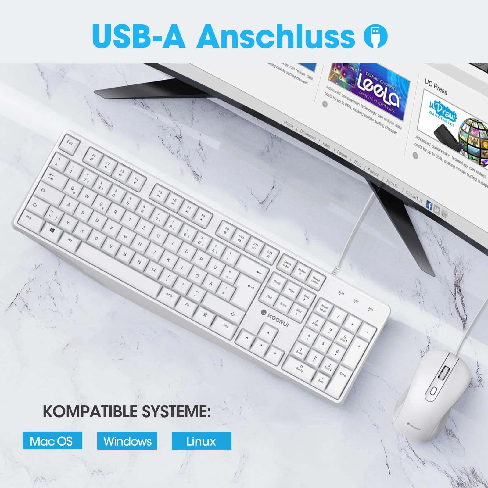 KOORUI Tastatur und Maus,Maus Tastatur Set Deutsches Layout QWERTZ mit 12 Funktionstasten Tastatur Maus Set für Windows,MacOS,Linux-Weiß - Image 4