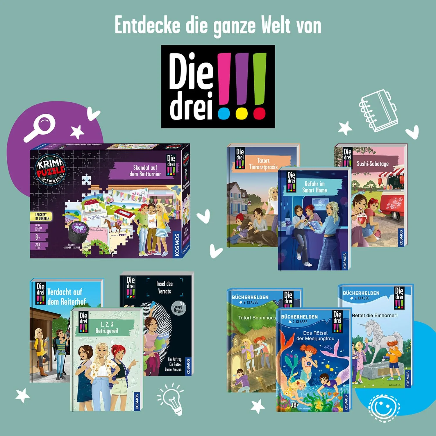 KOSMOS 680725 Krimi Puzzle Die DREI !!! Skandal auf dem Reitturnier, 200 Teile, Leuchtet im Dunkeln, Lesen, Puzzeln, Rätsel lösen, Pferde Puzzle für Kinder ab 8 Jahre - Image 2