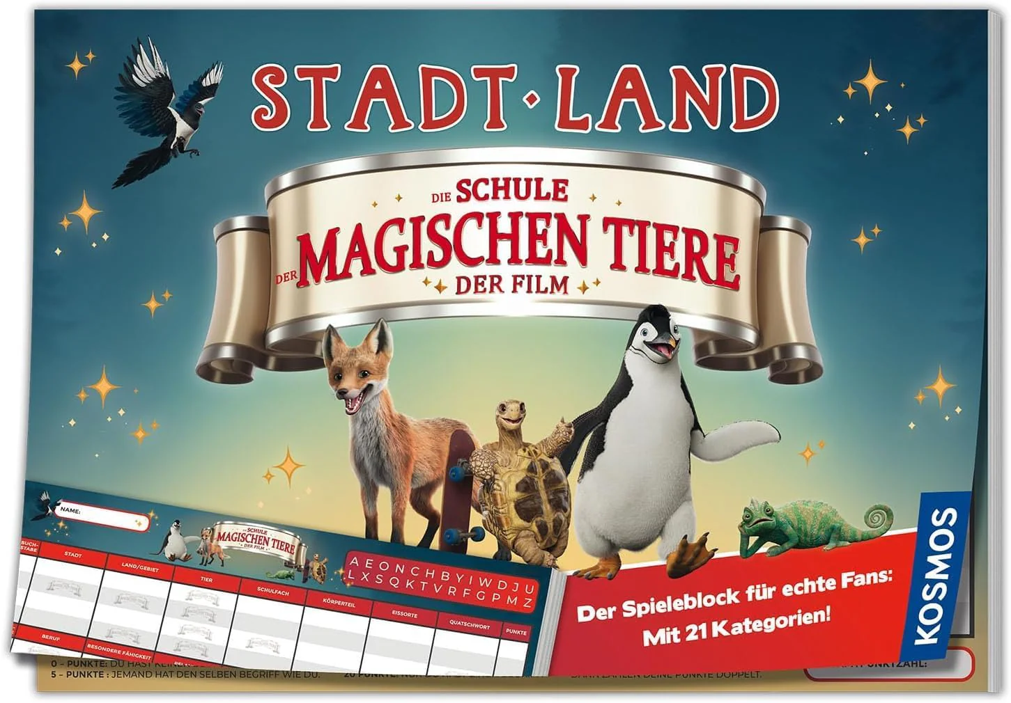 KOSMOS 684372 Stadt Land Die Schule der magischen Tiere, Spielblock zum Film, Stadt Land Fluss, tolles Geschenk für Mädchen und Jungen ab 8 Jahre