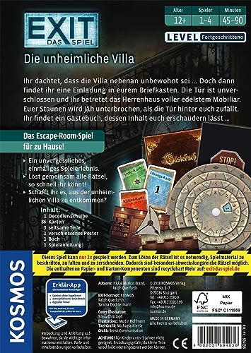 KOSMOS 694036 EXIT - Das Spiel - Die unheimliche Villa, Level: Fortgeschrittene, Escape Room Spiel, EXIT Game für 1-4 Spieler ab 12 Jahre, EIN einmaliges Gesellschaftsspiel - Image 7