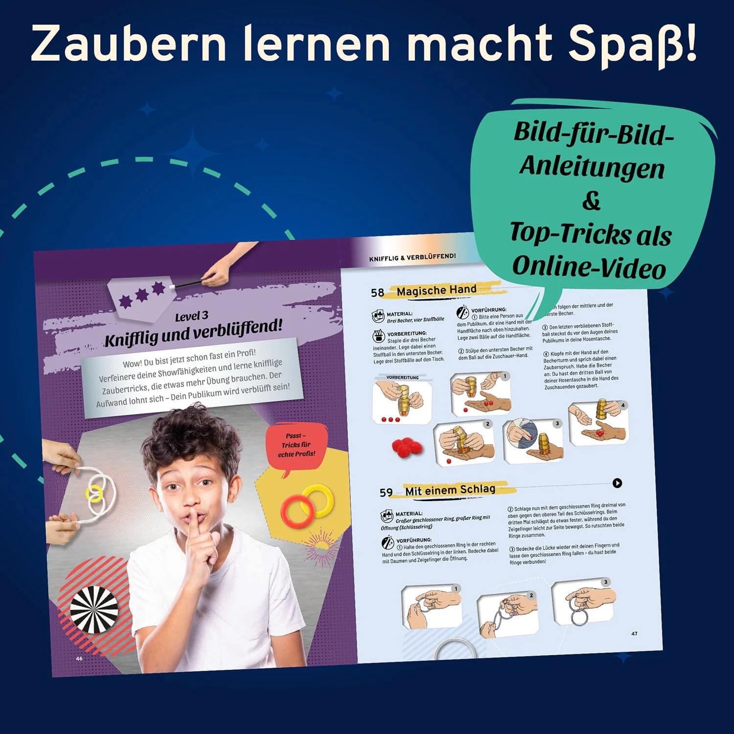 Kosmos 694319 Magic Die Zauberschule - Gold Edition, 75 Zaubertricks und Illusionen, 18 Zauberutensilien, innovatives Anleitungskonzept DREI Schwierigkeitsstufen, Zauberkasten für Kinder ab 8 Jahre - Image 4