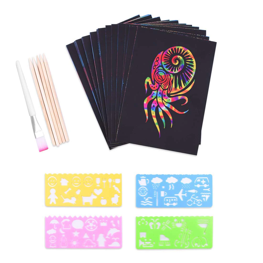 Kratzbilder Set,Kratzpapier Set, 50 Große Blätter Regenbogen Kratzpapier zum Zeichnen und Basteln | mit Schablonen, Holzstiften und Stickern (13 x 19cm)