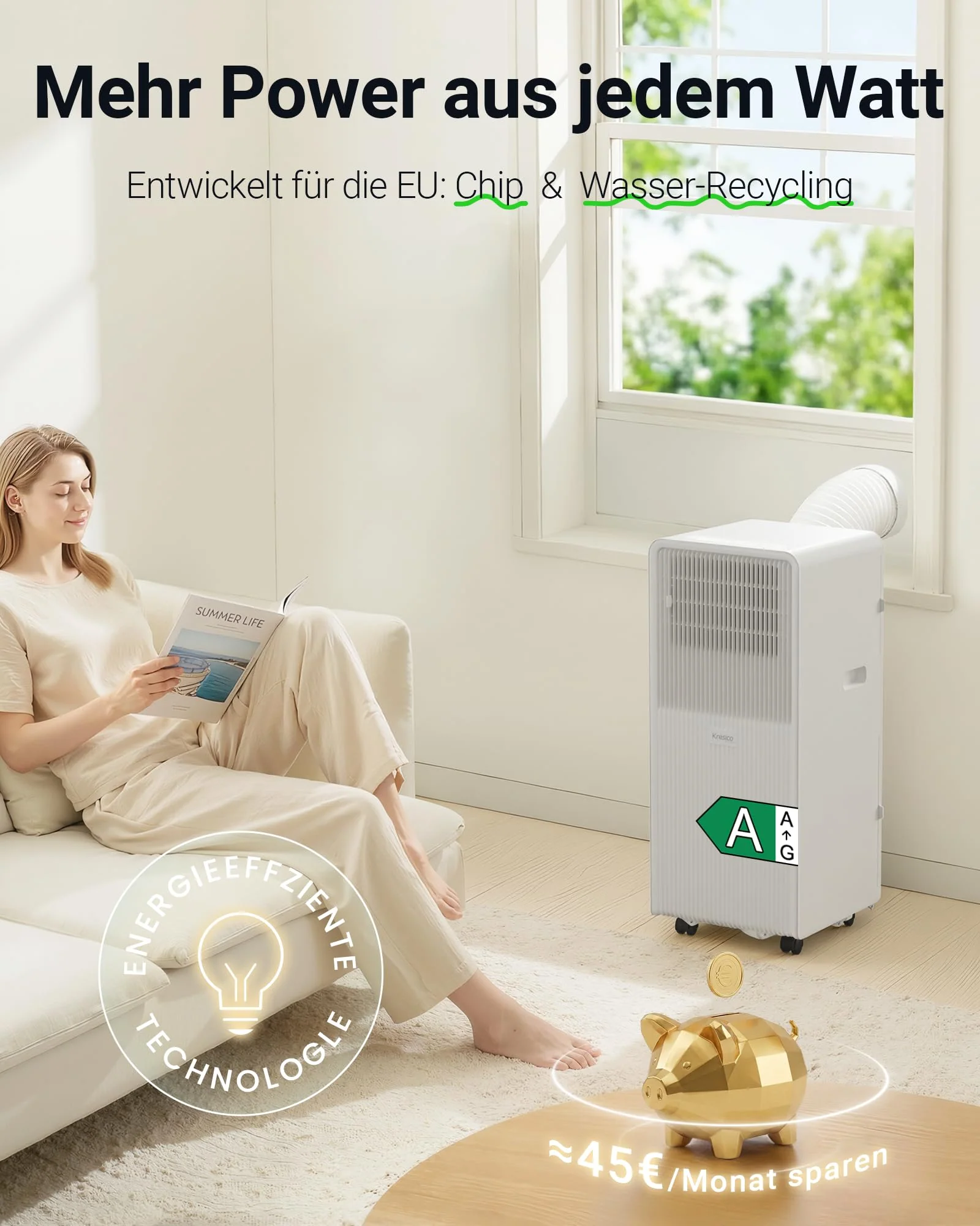 KresicoKlima Mobile Klimaanlage 9000 BTU, Klimaanlage mobil mit Abluftschlauch, Mobiles Klimagerät mit Abluftschlauch für Räume bis zu 33m²/90m³, Klimagerät mit Timer, R290, weiß - Image 5
