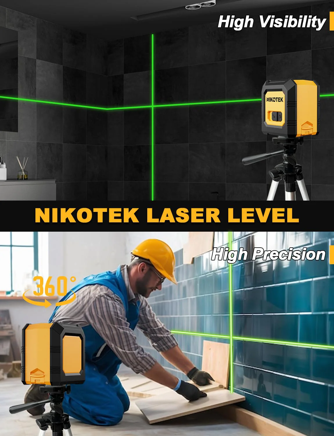 Kreuzlinienlaser, NIKOTEK Laser Wasserwaage (Vertikale/Horizontale Laser, Arbeitsbereich: 15 m, IP54, 2 x AA Batteriem, Schutztasche), Für Baustellen/Inneneinrichtung/DIY (Grün GT) - Image 3