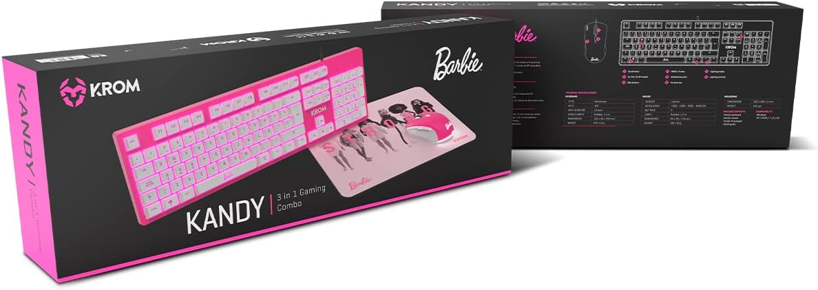 KROM Maus und -Mausunterlage Barbie Edition Kandy - Weiße LED-Membrantastatur, Maus optischem Sensor 6400 DPI, Mause-Matte hat eine Gummibasis, Italienisch Layout, pink - Image 10