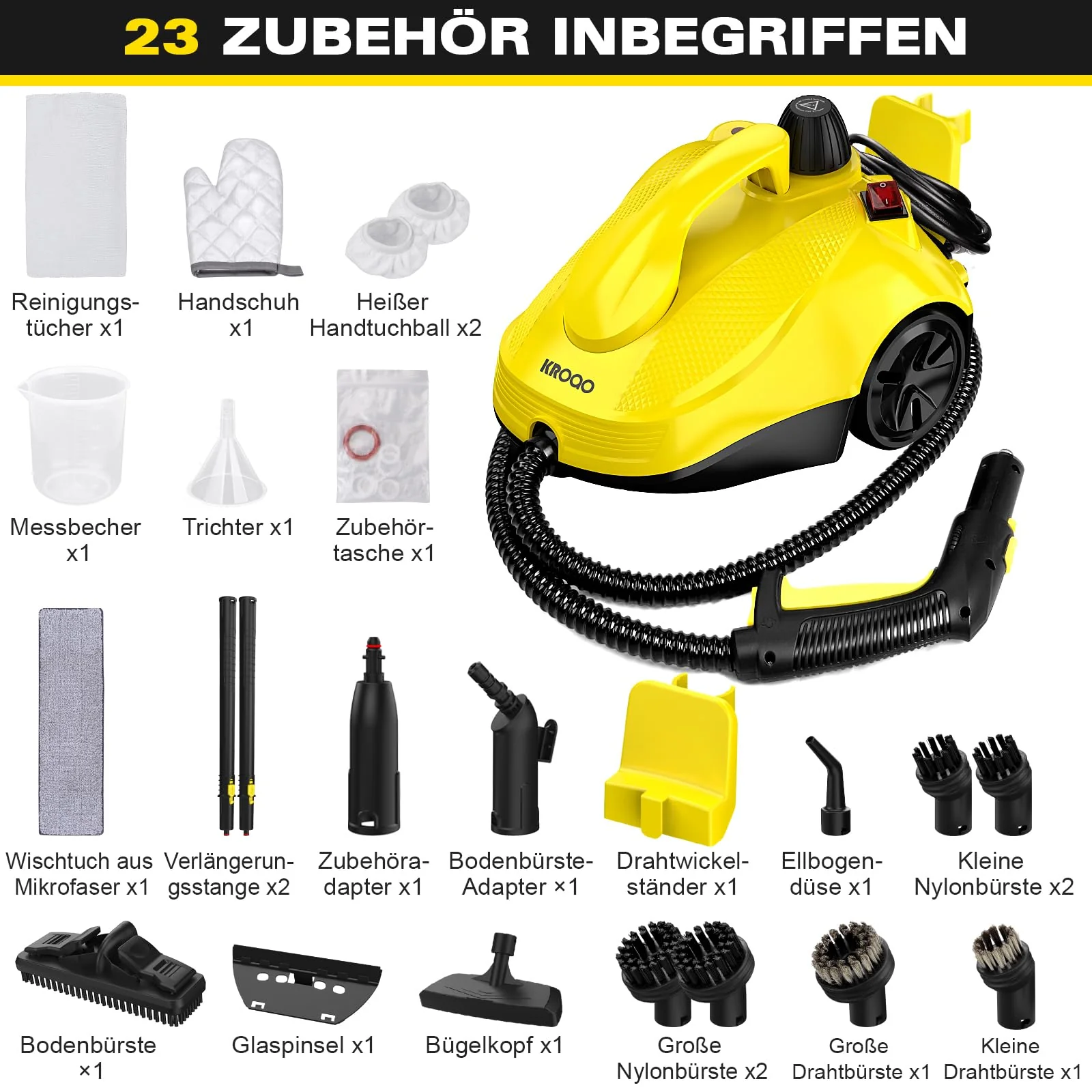 KROQO Dampfreiniger,Mehrzweck-Dampfreiniger Handgerät,Dampfreiniger für alles mit 23-Zubehörteilen,Entfernen von Tapeten,Boden,Teppich,Sofa,Polstermöbel,Auto,Fliesen,Polster,Bad- 1.5L Steam Cleaner - Image 3