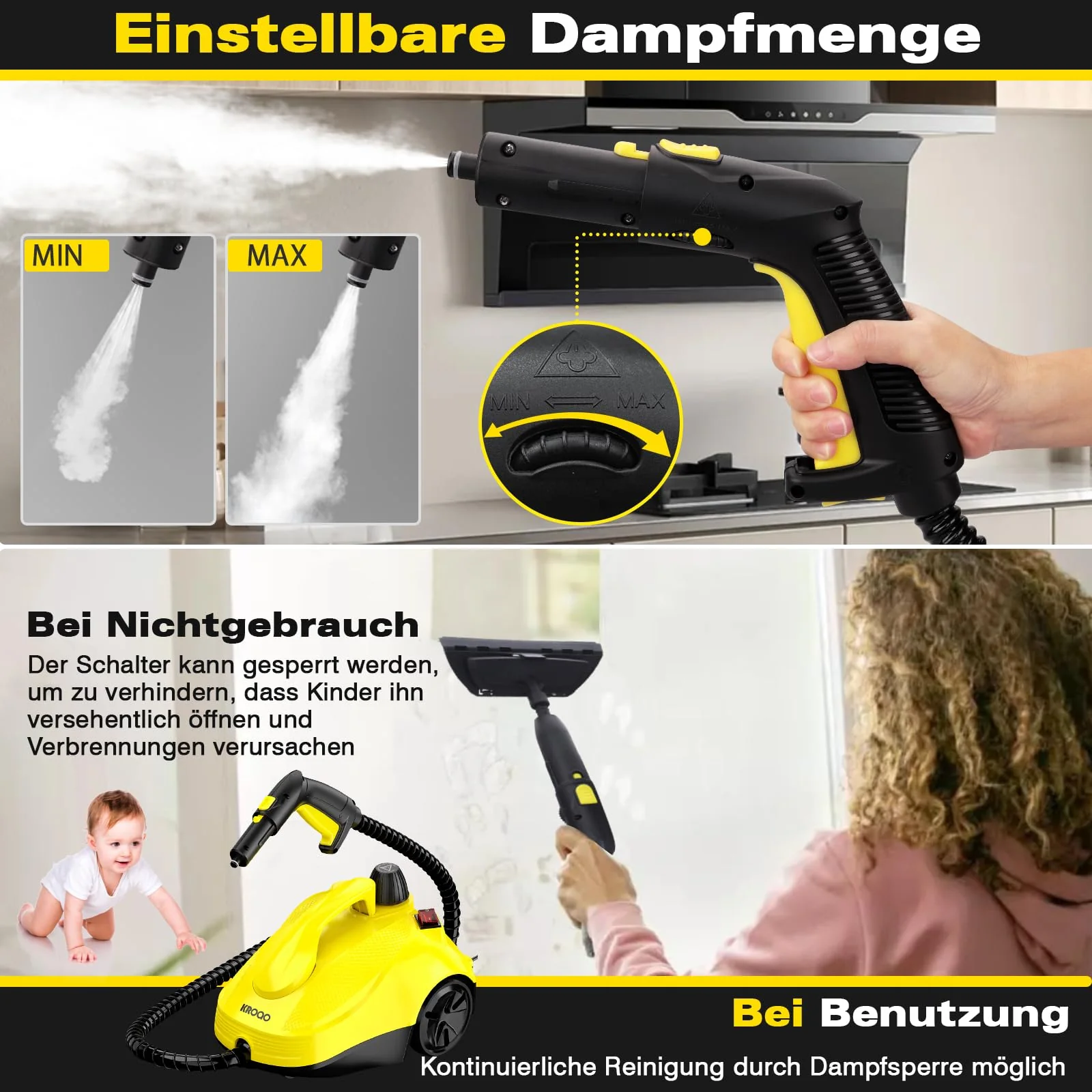 KROQO Dampfreiniger,Mehrzweck-Dampfreiniger Handgerät,Dampfreiniger für alles mit 23-Zubehörteilen,Entfernen von Tapeten,Boden,Teppich,Sofa,Polstermöbel,Auto,Fliesen,Polster,Bad- 1.5L Steam Cleaner - Image 7