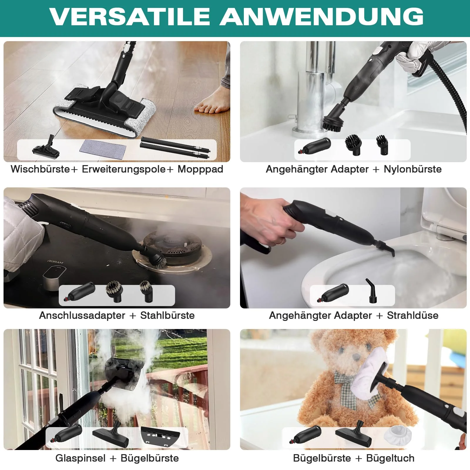 KROQO Dampfreiniger,Mehrzweck-Dampfreiniger Handgerät,Dampfreiniger für alles mit 23-Zubehörteilen,Entfernen von Tapeten,Boden,Teppich,Sofa,Polstermöbel,Auto,Fliesen,Polster,Bad- 1.5L Steam Cleaner - Image 5