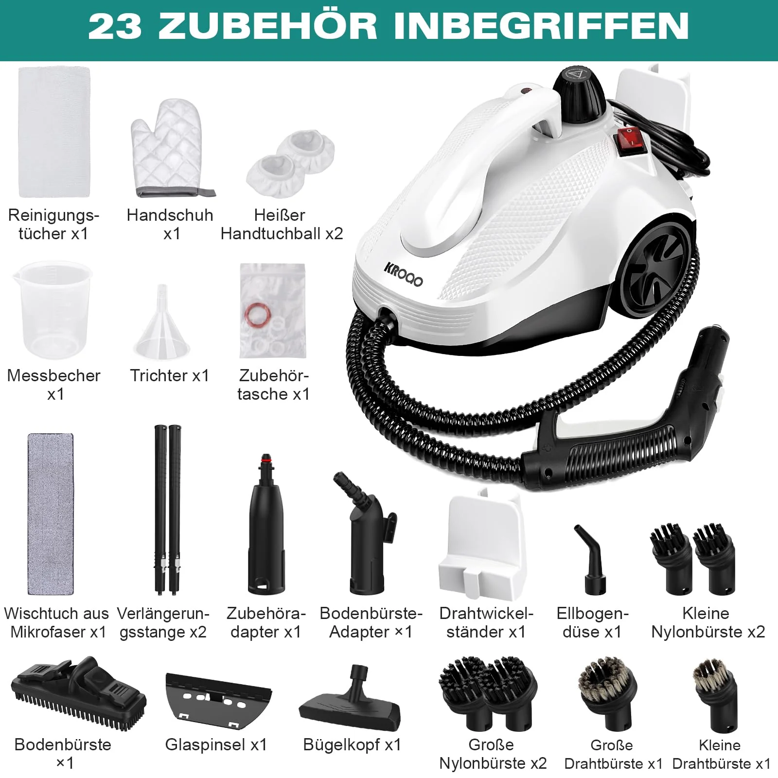 KROQO Dampfreiniger,Mehrzweck-Dampfreiniger Handgerät,Dampfreiniger für alles mit 23-Zubehörteilen,Entfernen von Tapeten,Boden,Teppich,Sofa,Polstermöbel,Auto,Fliesen,Polster,Bad- 1.5L Steam Cleaner - Image 7