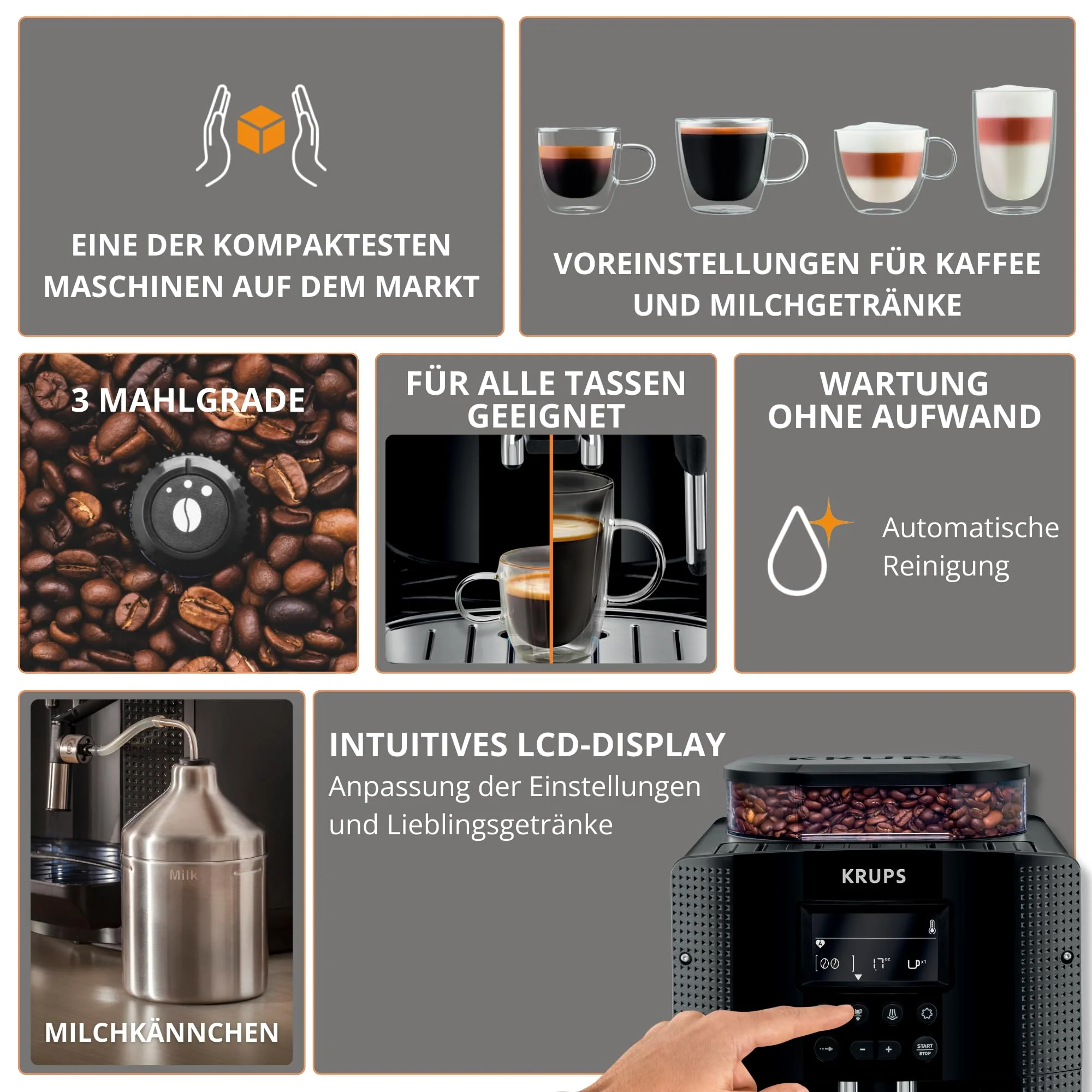 Krups Essential Kaffeevollautomat mit Milchschlauch, 2-Tassen-Funktion, LCD-Display, Einfache Reinigung, Kaffeemaschine, TÜV-Siegel, Schwarz, EA816031 - Image 2