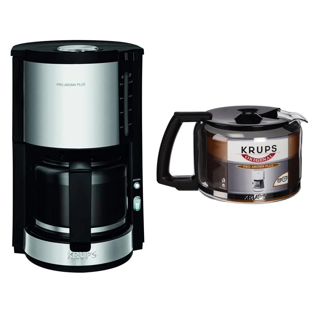 Krups KM321 Proaroma Plus Glas-Kaffeemaschine, 10 Tassen, 1100 W, modernes Design, schwarz mit Edelstahlapplikationen & F03442 Glaskrug Espresso-/Kaffeemaschinenzubehör mit Deckel, 10 Tassen, schwarz - Image 4