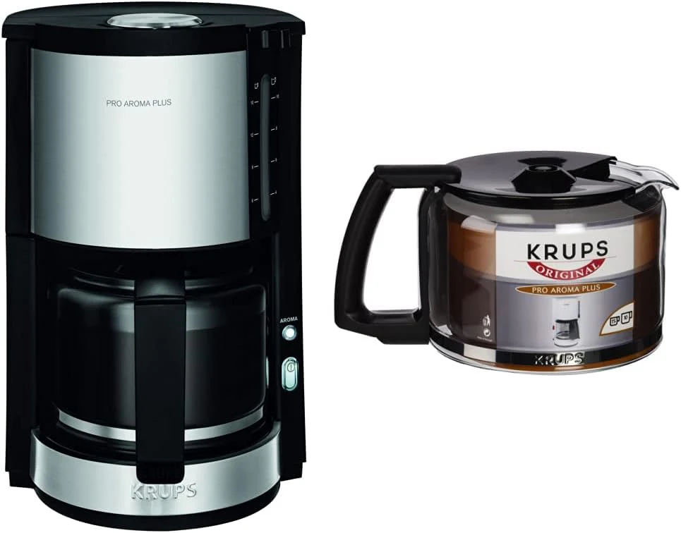 Krups KM321 Proaroma Plus Glas-Kaffeemaschine, 10 Tassen, 1100 W, modernes Design, schwarz mit Edelstahlapplikationen & F03442 Glaskrug Espresso-/Kaffeemaschinenzubehör mit Deckel, 10 Tassen, schwarz - Image 5