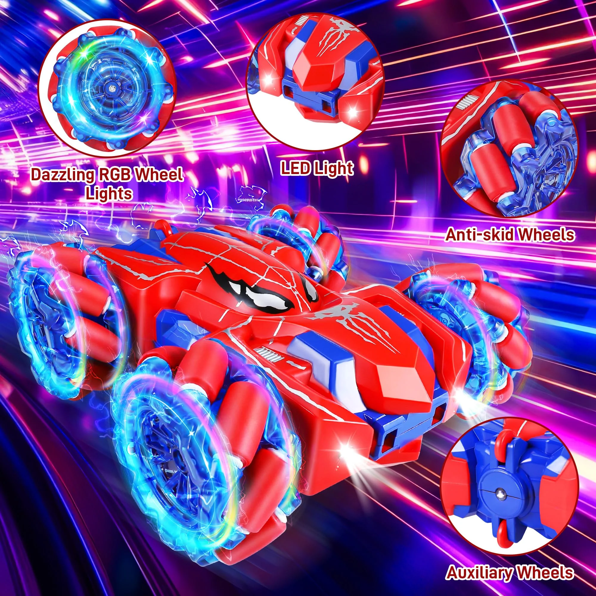 Kssvzz Spider Ferngesteuertes Auto ab 3-10 Jahre, 2.4GHz Doppelseitig RC Auto mit USB-C Wiederaufladbarer Akku/360°-Drehung/Kühles Licht, 4WD RC Car Spielzeug ab 3 4 5 6 7 8 9 Jahre Junge - Image 6