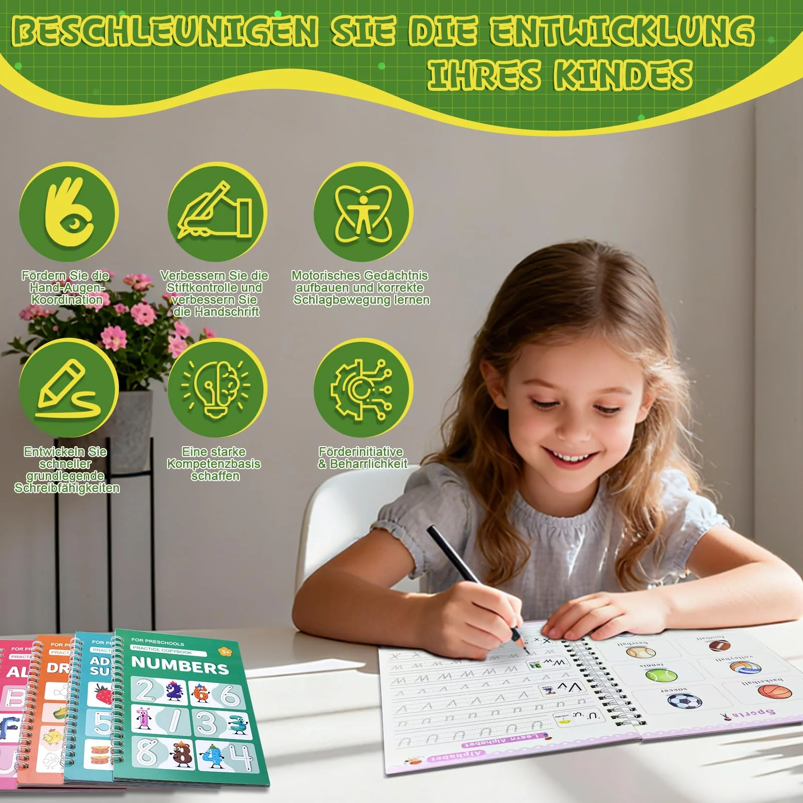 Kutixth Magisches Vorschul Übungsheft für Kinder ab 5 Jahren, Magic Grooved Handschrift-Übungsbücher für Kinder (Grün) - Image 4