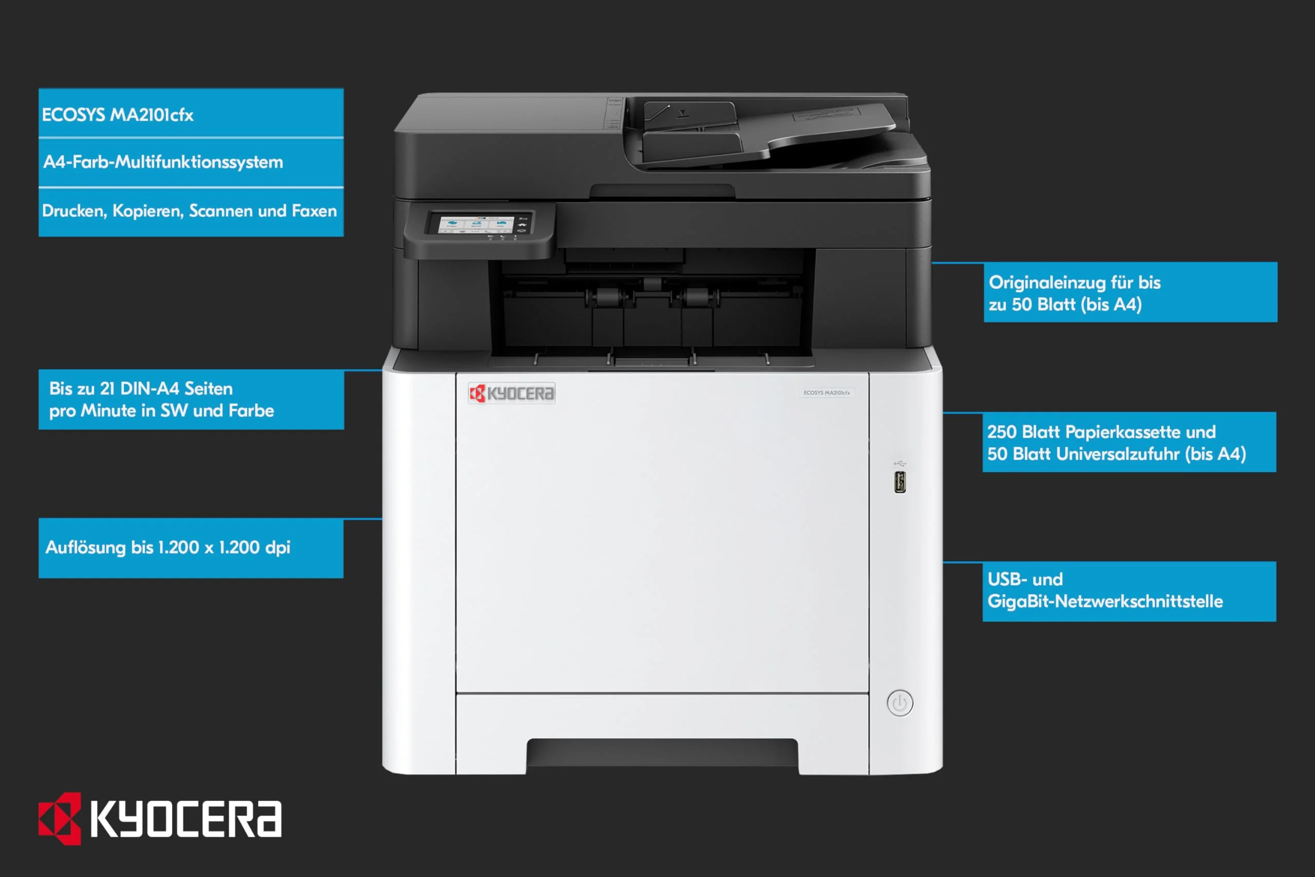 Kyocera Ecosys MA2101cfx Farblaserdrucker Multifunktionsgerät. Drucker Scanner Kopierer, Faxgerät. Multifunktionsdrucker inkl. LAN, USB 2.0 und Mobile-Print-Funktion - Image 2