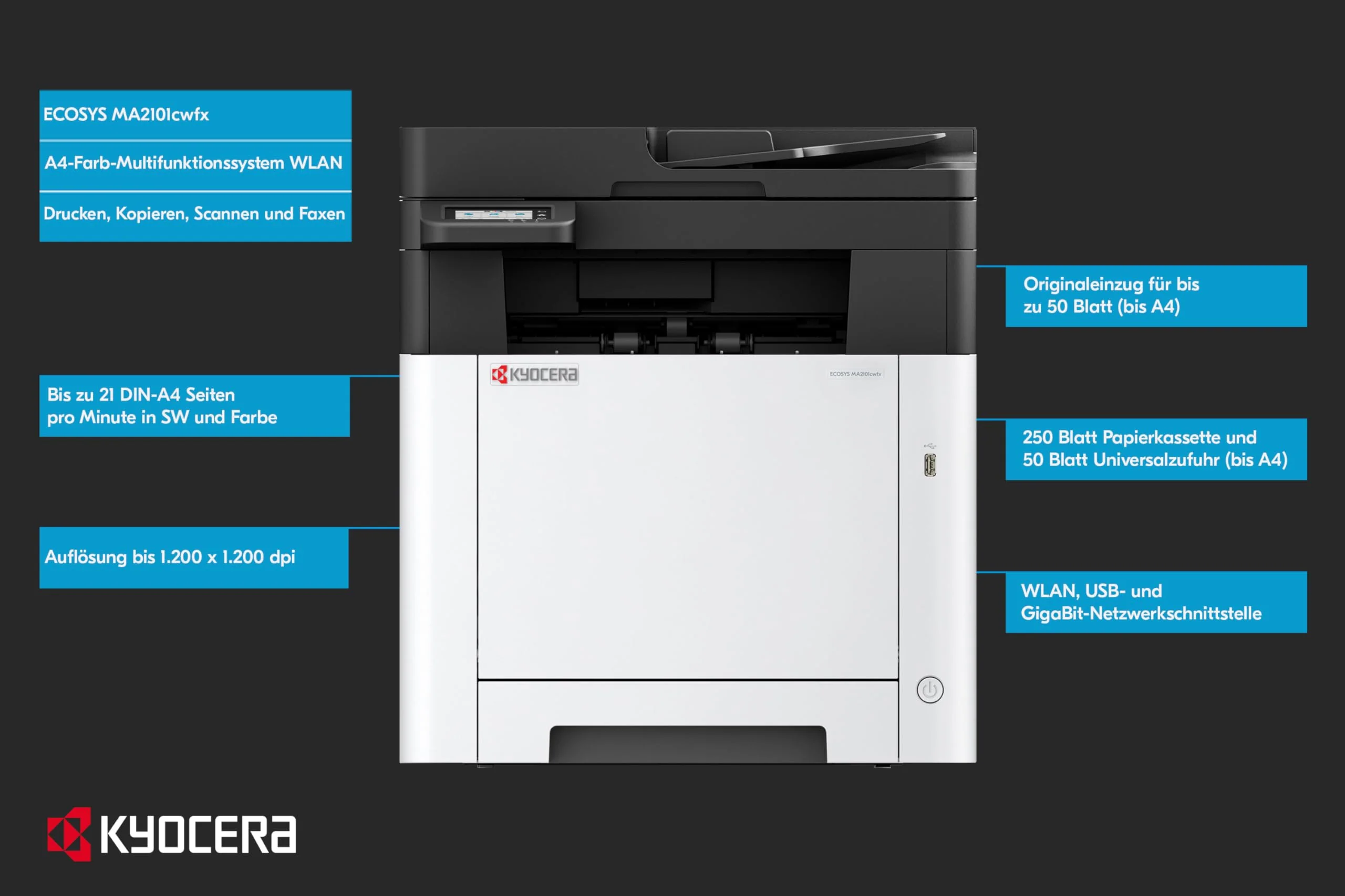 Kyocera Ecosys MA2101cwfx Farblaserdrucker Multifunktionsgerät WLAN. Drucker Scanner Kopierer, Faxgerät. Multifunktionsdrucker inkl. Duplex, USB 2.0 und Mobile-Print-Funktion - Image 5