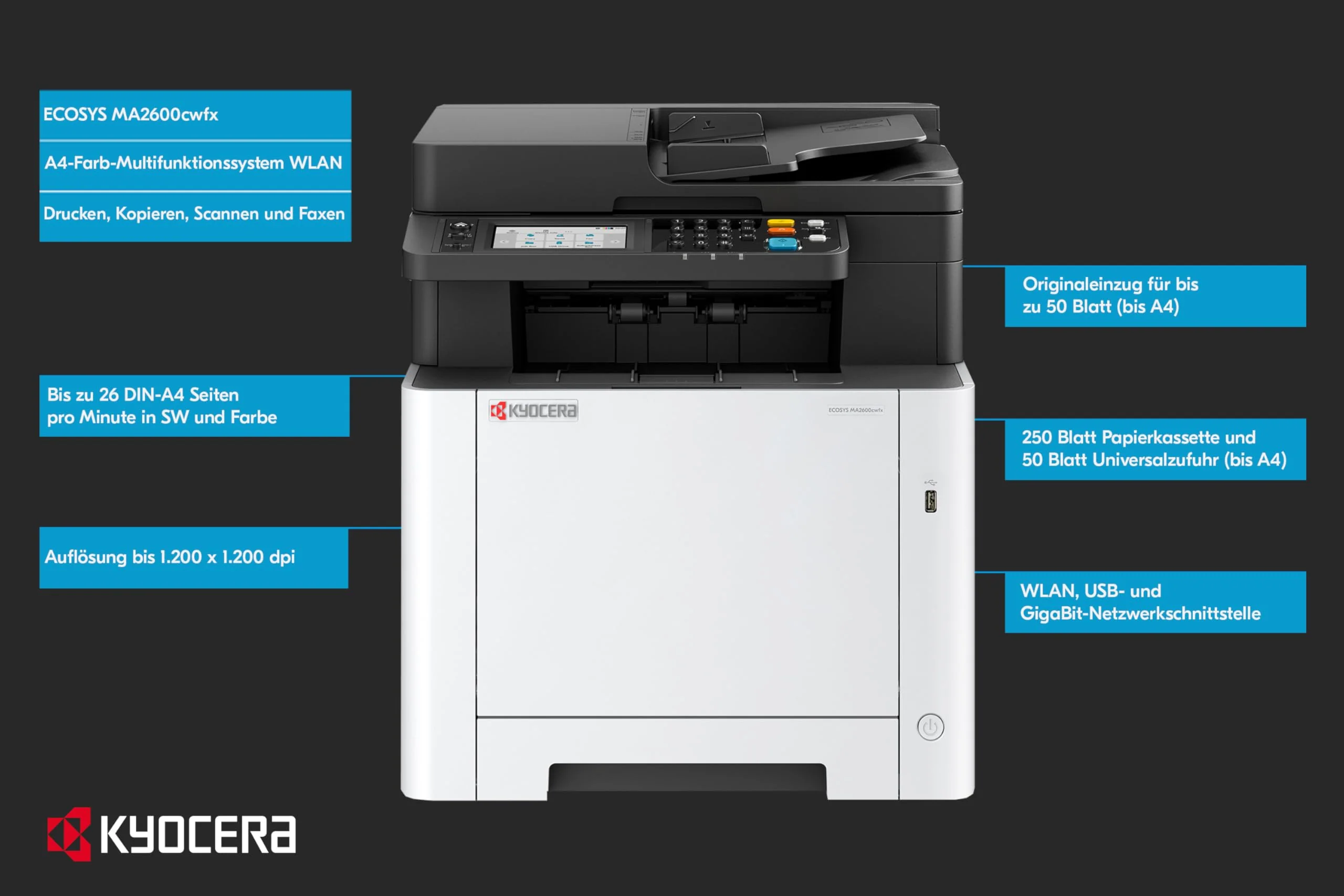 Kyocera Ecosys MA2600cwfx Farblaserdrucker Multifunktionsgerät WLAN: Drucker Scanner Kopierer, Faxgerät. Multifunktionsdrucker inkl. Mobile-Print-Funktion. - Image 3