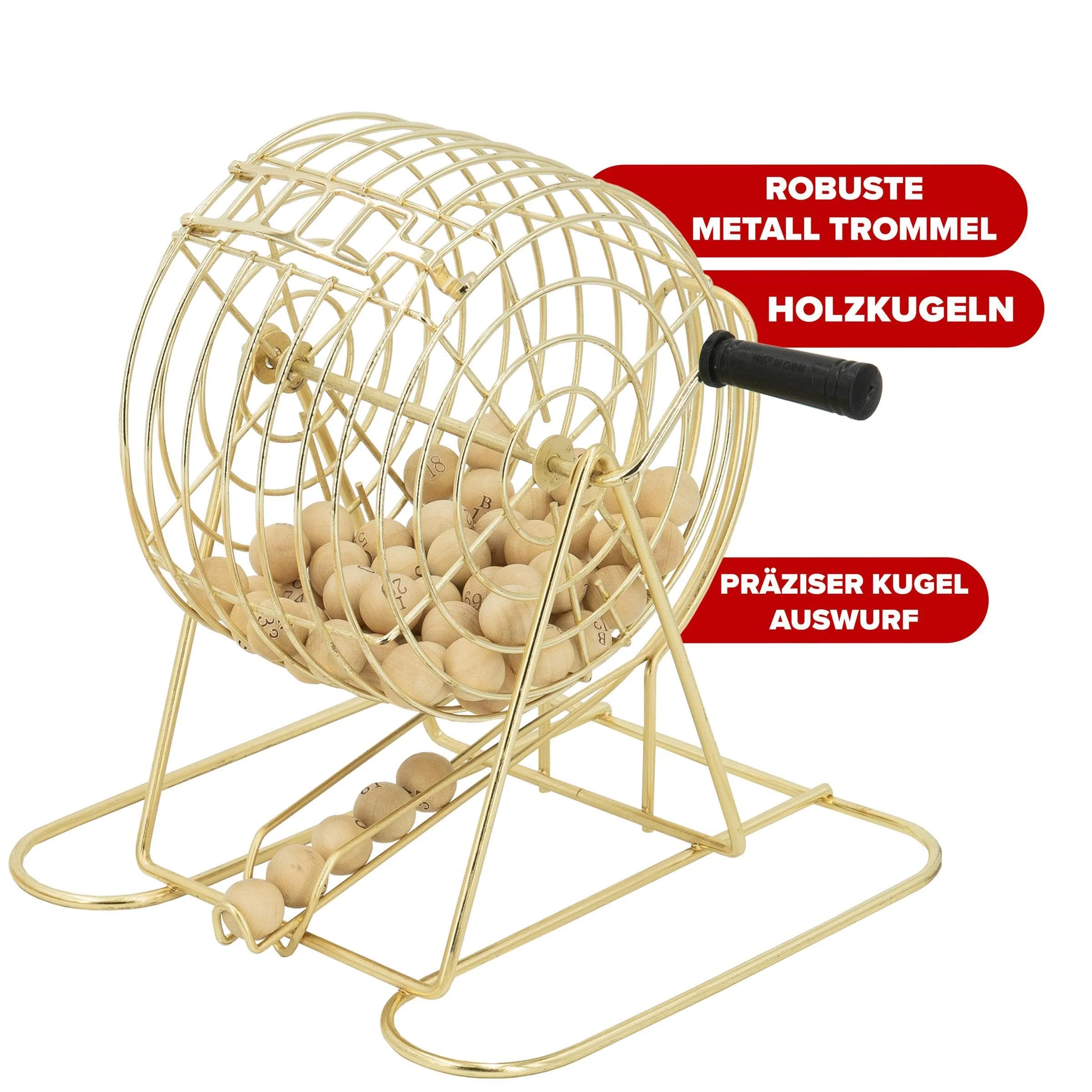 Kyto Großes Bingo Spiel Gold Metalltrommel 150 Chips, 75 Bingo Kugeln und Spielbrett aus Holz, 18 stabile Bingokarten + 500 Bingokarten Papier Erwachsene Kinder - Image 5