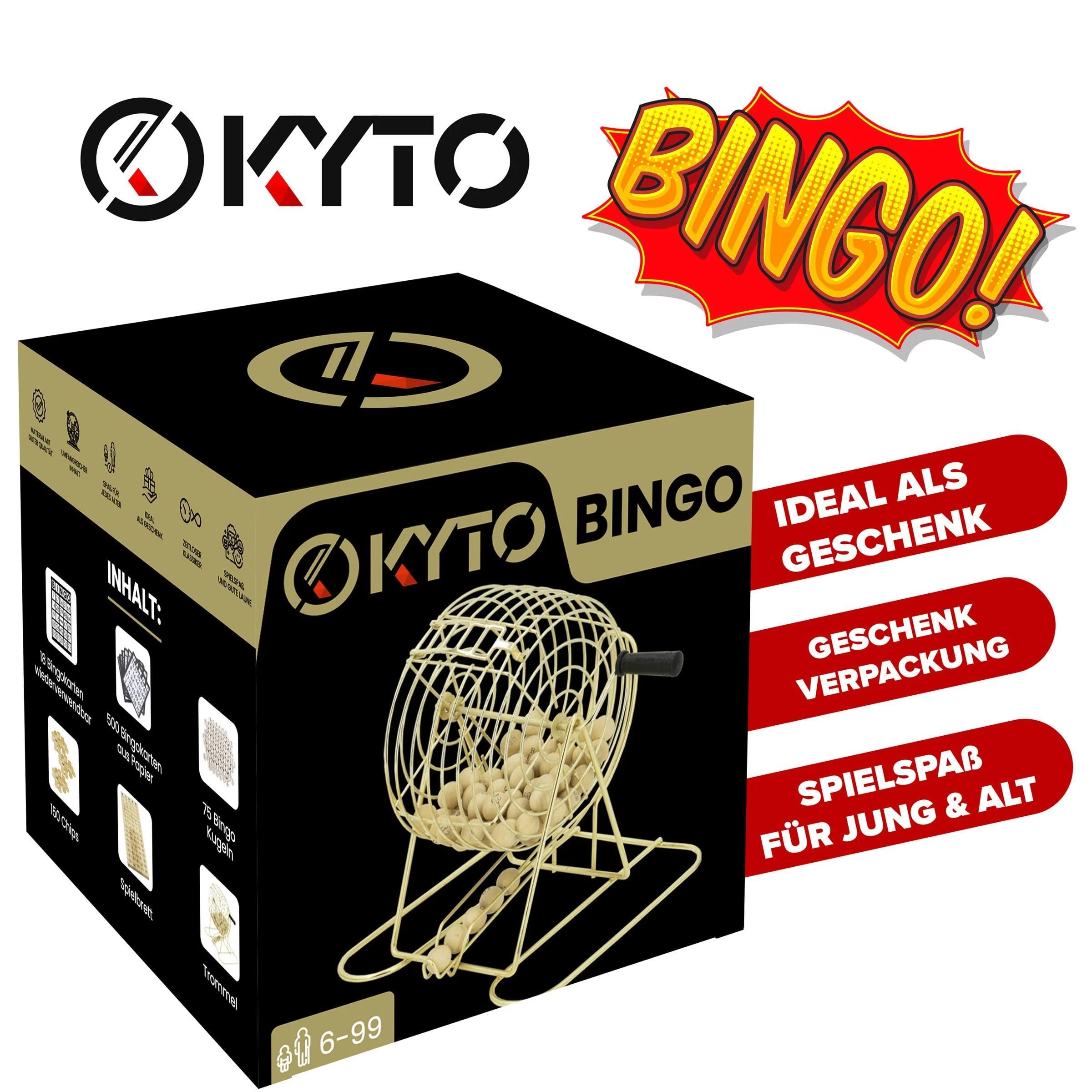 Kyto Großes Bingo Spiel Gold Metalltrommel 150 Chips, 75 Bingo Kugeln und Spielbrett aus Holz, 18 stabile Bingokarten + 500 Bingokarten Papier Erwachsene Kinder - Image 8