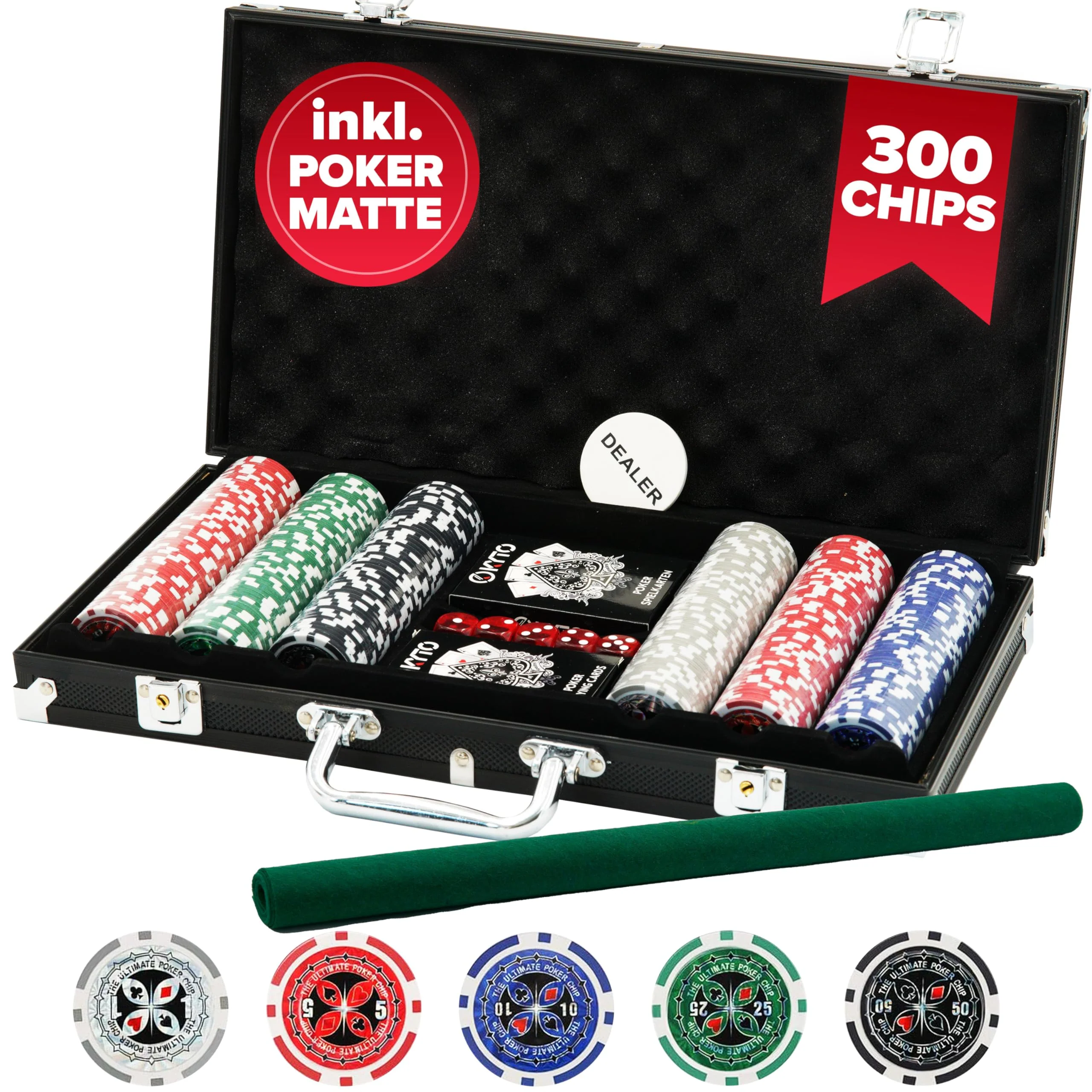 Kyto Pokerkoffer 300-tlg. Poker Set - Ideales Texas Holdem Set - Mit Koffer, Pokerchips, Pokerkarten und Pokermatte - Perfektes Pokerspiel für Profis und Anfänger im Cash Game und Turnier Poker