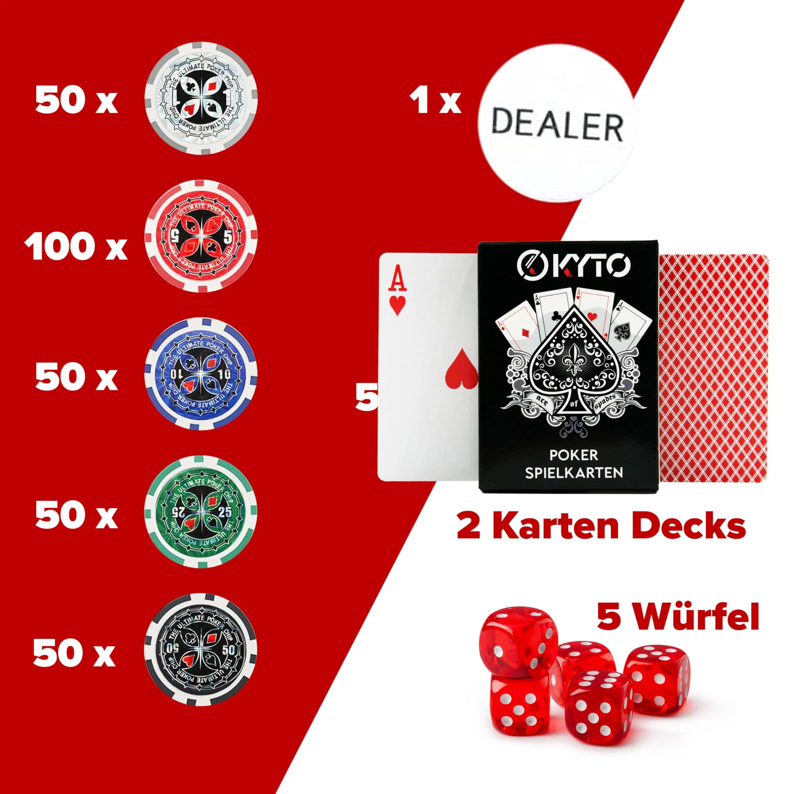 Kyto Pokerkoffer 300-tlg. Poker Set - Ideales Texas Holdem Set - Mit Koffer, Pokerchips, Pokerkarten und Pokermatte - Perfektes Pokerspiel für Profis und Anfänger im Cash Game und Turnier Poker - Image 8