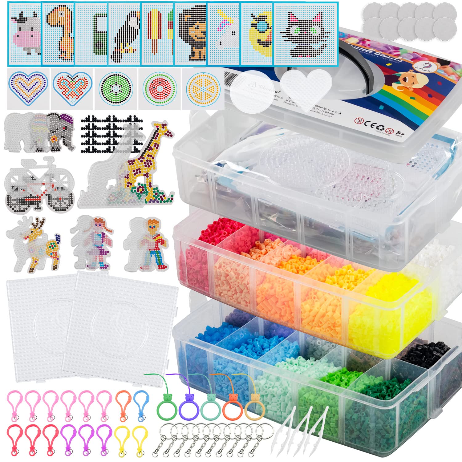 La Manuli Bügelperlenset 24000 Stück Bügelperlen mit Steckplatten, Vorlagen und Zubehör, 5mm Midi Größe (20 Farben + im Dunkeln Leuchten) XXL Bastel Set für Jungen und Mädchen
