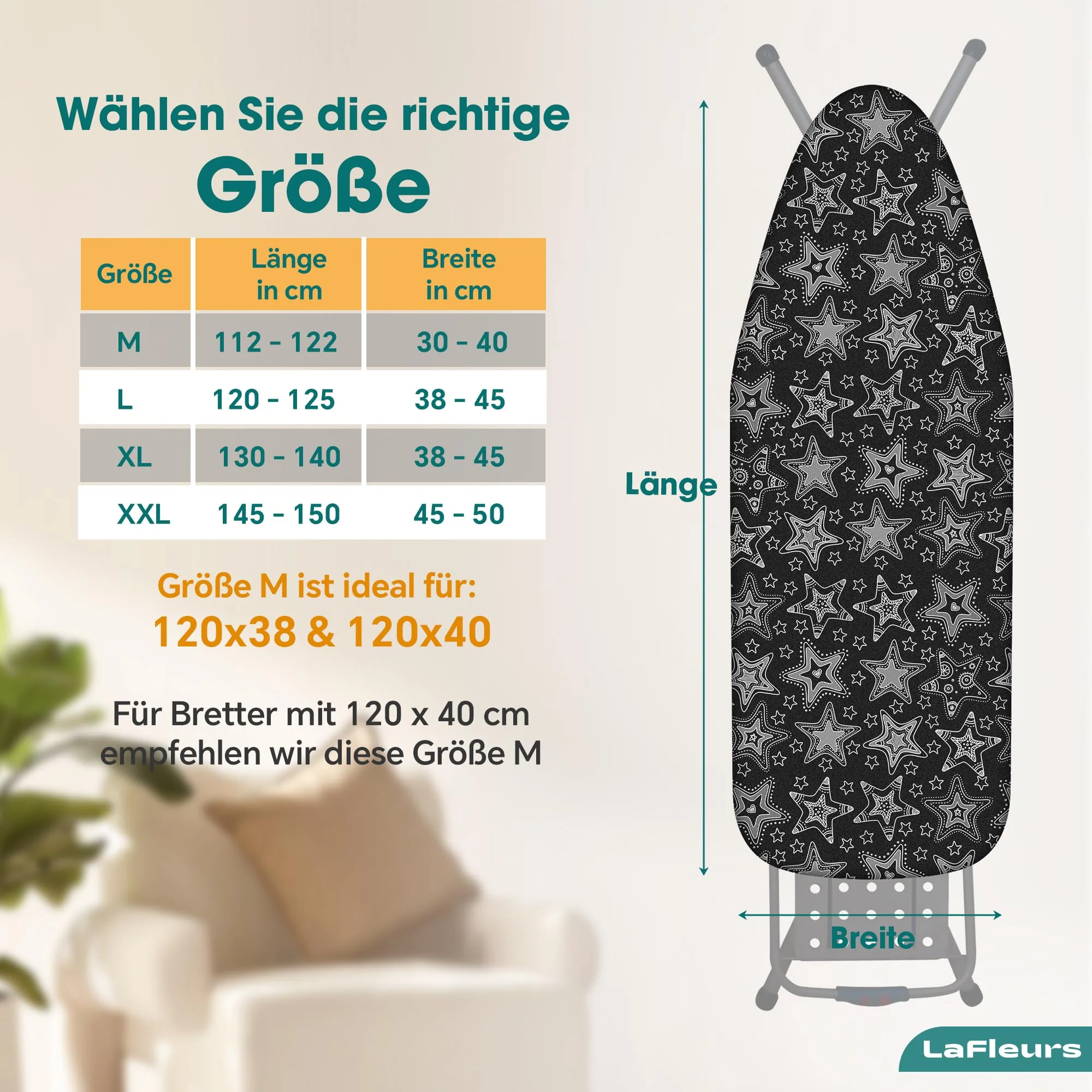 LaFleurs® Bügelbrettbezug 120x40 I mit Bügeltuch I Bügeltischbezug für Dampfbügeleisen I Baumwolle Komfortpolster I für 110-122cm x 30-40cm Bügelbrett I Bügelbrettbezug für Dampfbügelstation