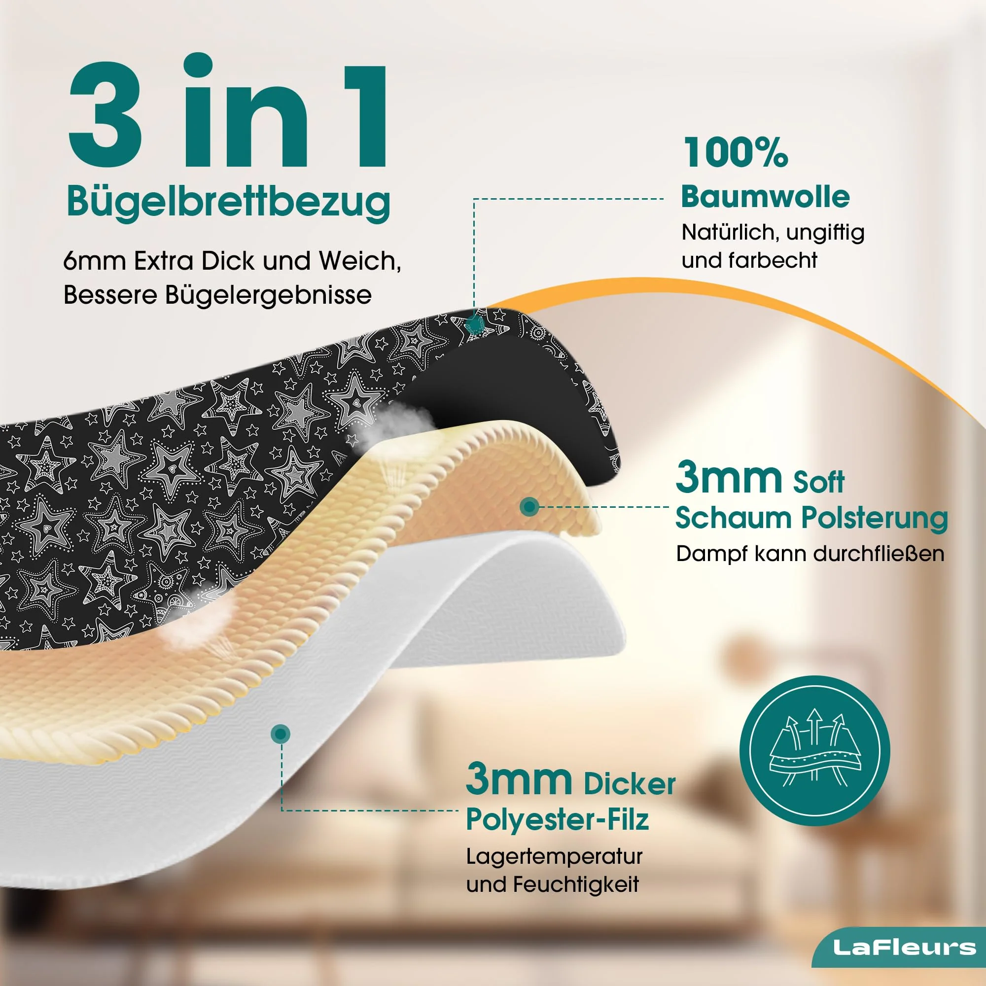 LaFleurs® Bügelbrettbezug 120x40 I mit Bügeltuch I Bügeltischbezug für Dampfbügeleisen I Baumwolle Komfortpolster I für 110-122cm x 30-40cm Bügelbrett I Bügelbrettbezug für Dampfbügelstation - Image 4