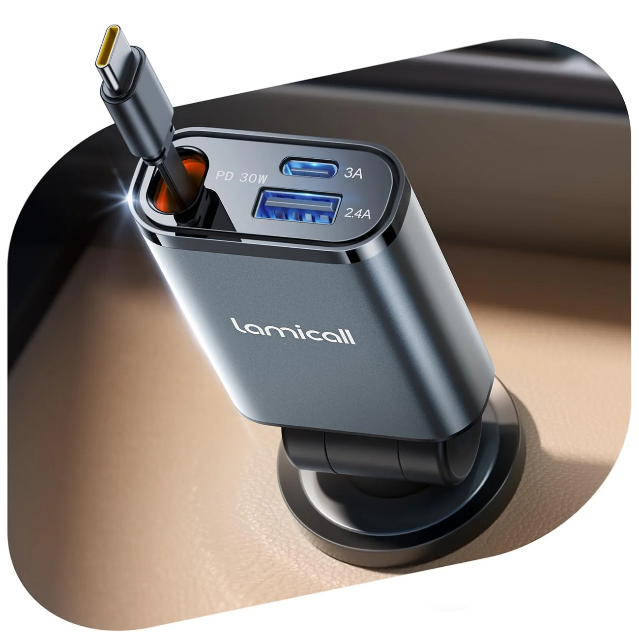 Lamicall 3 IN 1 Zigarettenanzünder USB C Auto Ladegerät -【2025 Super Kompakt】50W USB Adapter Auto Schnellladegerät mit einziehbare Typ-C Kabel/USB C/USB A, 24/12V KFZ Ladegerät Auto für iPhone/Samsung