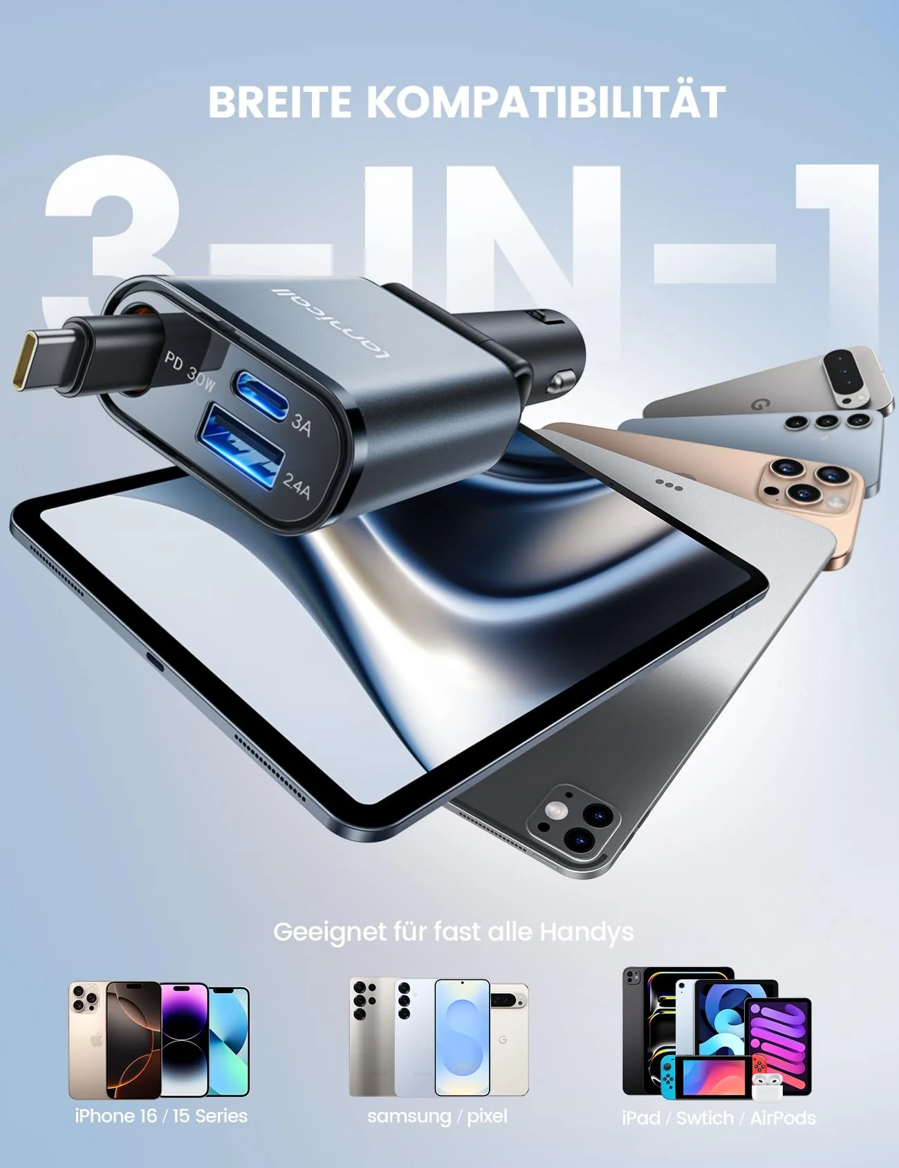 Lamicall 3 IN 1 Zigarettenanzünder USB C Auto Ladegerät -【2025 Super Kompakt】50W USB Adapter Auto Schnellladegerät mit einziehbare Typ-C Kabel/USB C/USB A, 24/12V KFZ Ladegerät Auto für iPhone/Samsung - Image 3