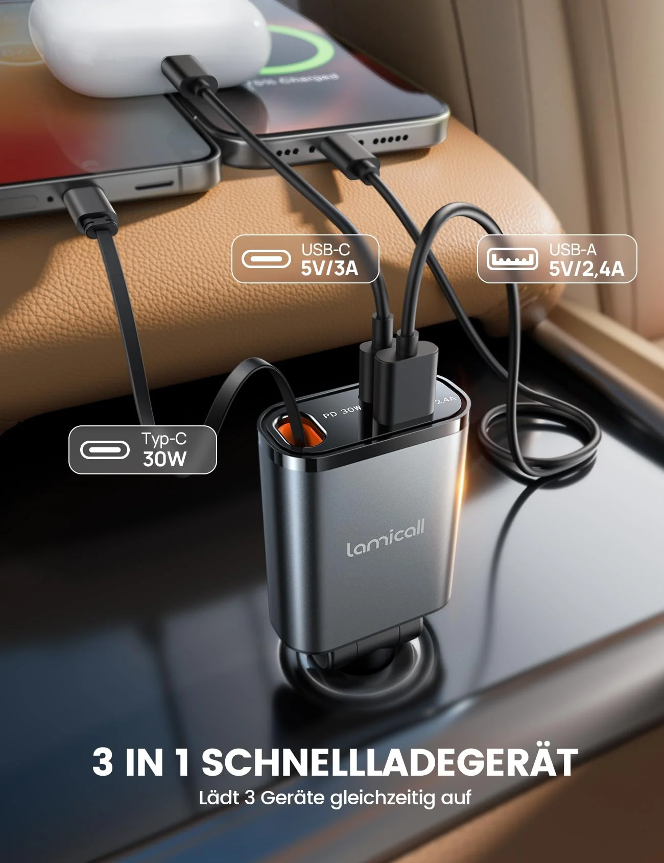 Lamicall 3 IN 1 Zigarettenanzünder USB C Auto Ladegerät -【2025 Super Kompakt】50W USB Adapter Auto Schnellladegerät mit einziehbare Typ-C Kabel/USB C/USB A, 24/12V KFZ Ladegerät Auto für iPhone/Samsung - Image 4