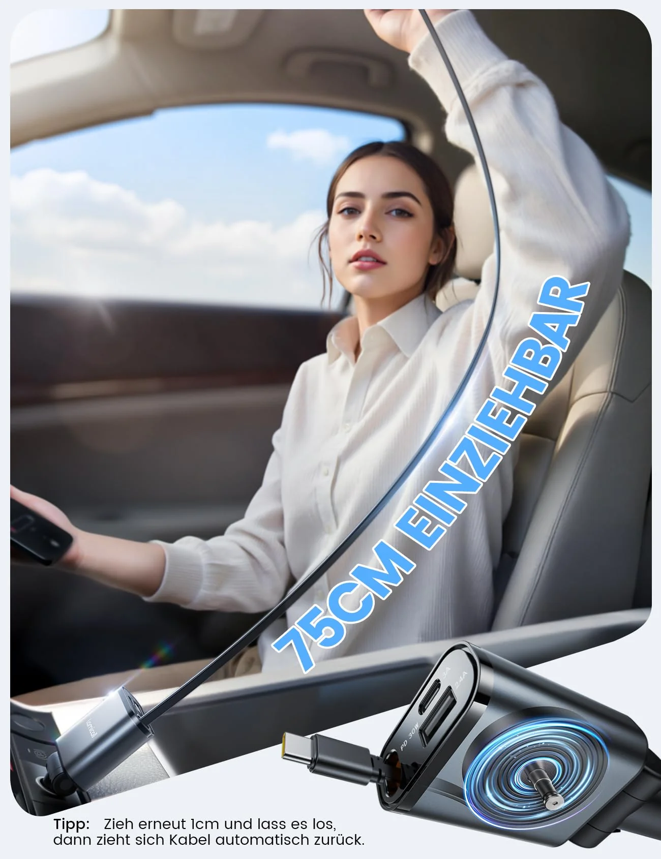 Lamicall 3 IN 1 Zigarettenanzünder USB C Auto Ladegerät -【2025 Super Kompakt】50W USB Adapter Auto Schnellladegerät mit einziehbare Typ-C Kabel/USB C/USB A, 24/12V KFZ Ladegerät Auto für iPhone/Samsung - Image 5