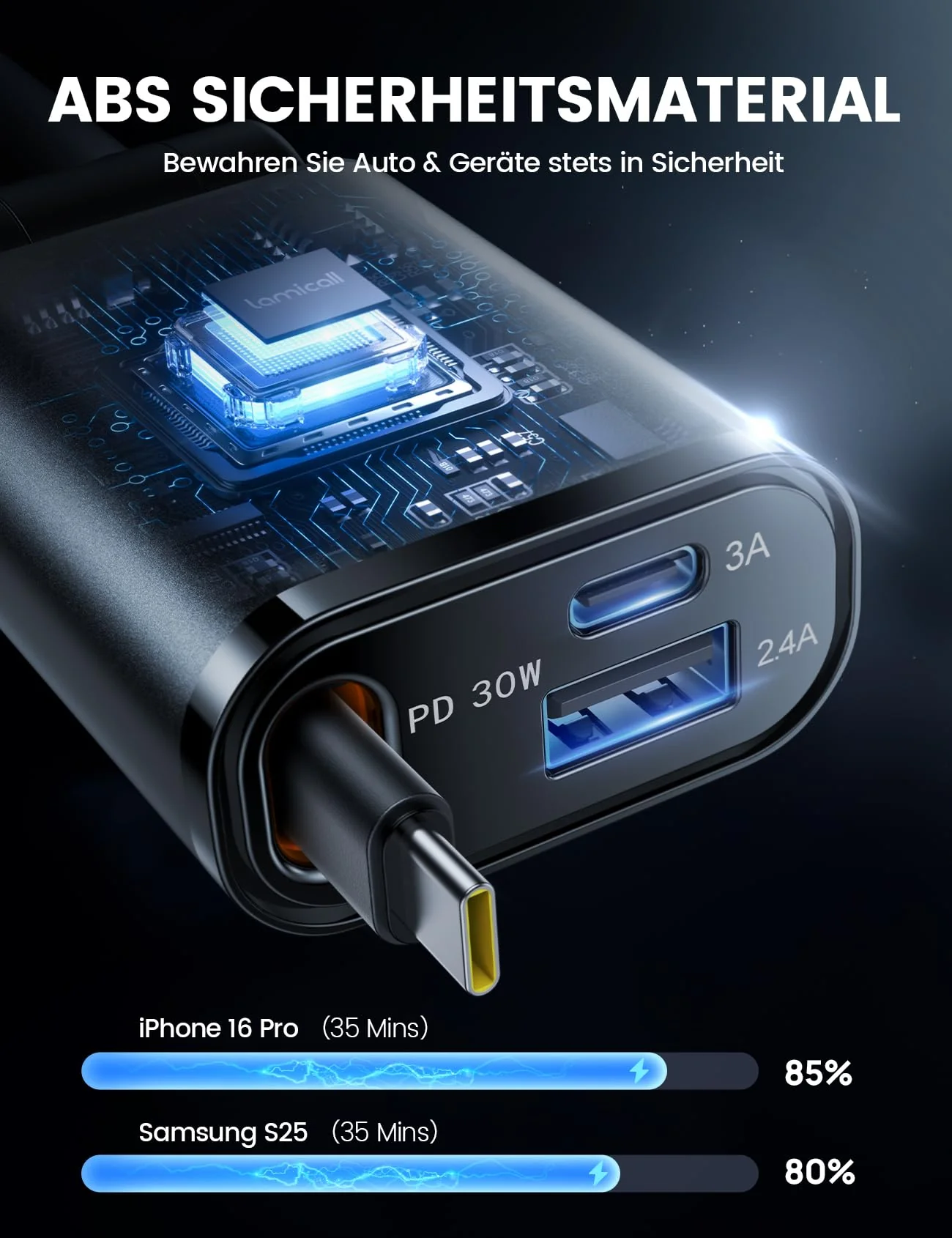 Lamicall 3 IN 1 Zigarettenanzünder USB C Auto Ladegerät -【2025 Super Kompakt】50W USB Adapter Auto Schnellladegerät mit einziehbare Typ-C Kabel/USB C/USB A, 24/12V KFZ Ladegerät Auto für iPhone/Samsung - Image 6