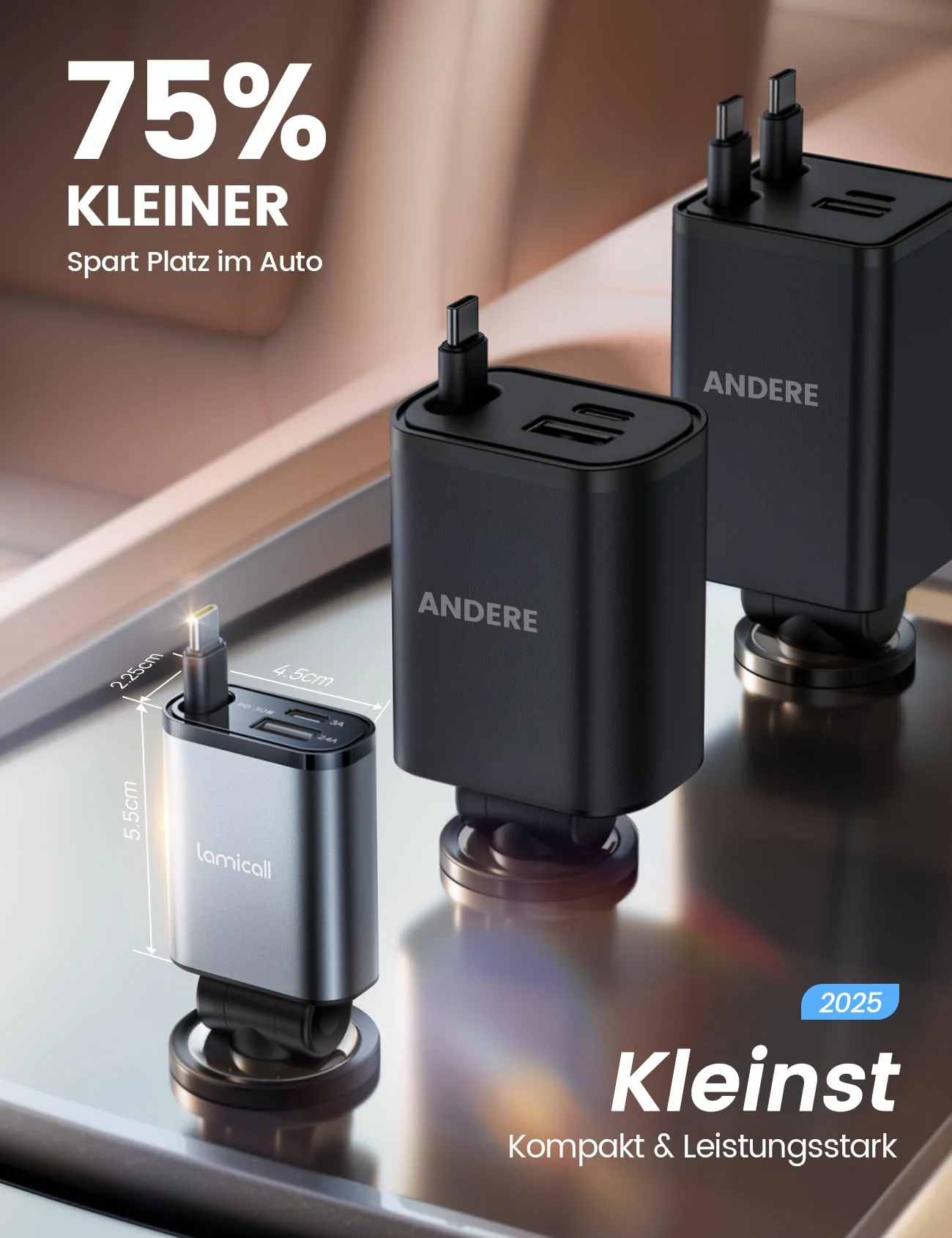 Lamicall 3 IN 1 Zigarettenanzünder USB C Auto Ladegerät -【2025 Super Kompakt】50W USB Adapter Auto Schnellladegerät mit einziehbare Typ-C Kabel/USB C/USB A, 24/12V KFZ Ladegerät Auto für iPhone/Samsung - Image 7