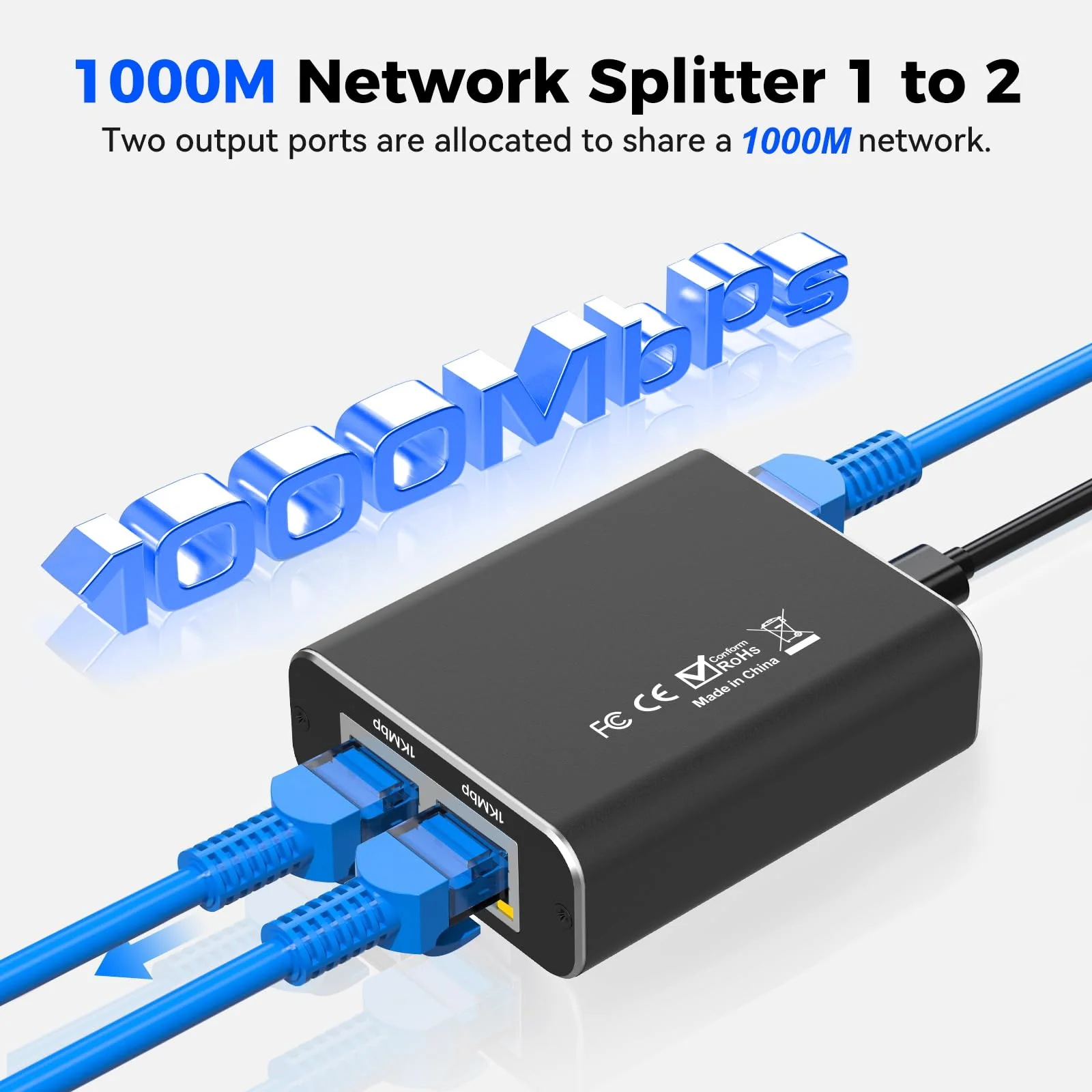 LAN Splitter 1 auf 2, Gigabit Ethernet Splitter, 1000Mbps RJ45 LAN Netzwerk-Splitter mit USB-C Stromkabel für Computer, Hub, Switch, Router, ADSL, Digital TV, etc. gleichzeitig Arbeiten (1 to 2) - Image 3
