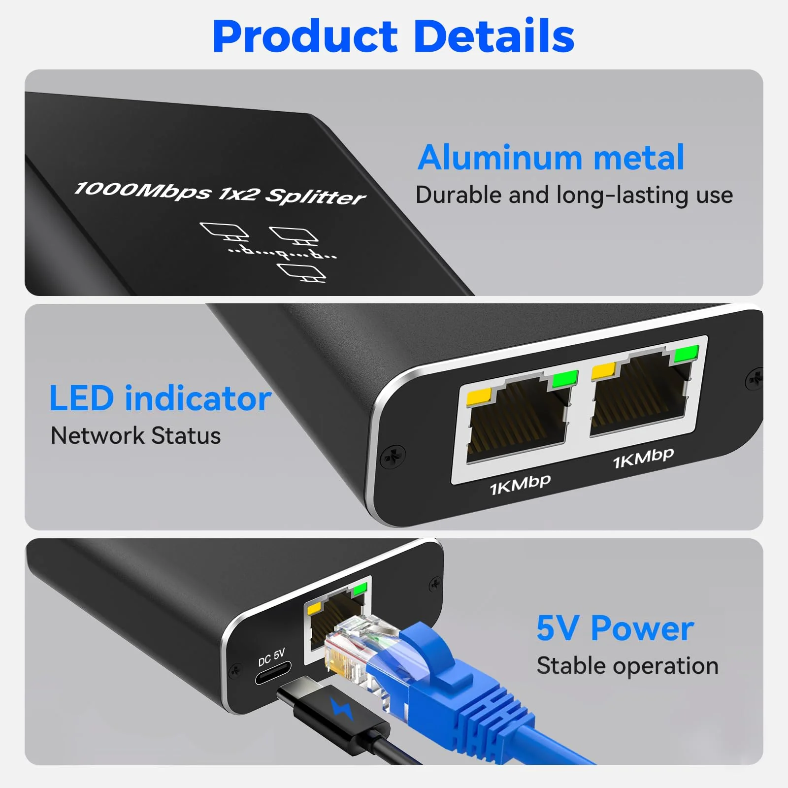 LAN Splitter 1 auf 2, Gigabit Ethernet Splitter, 1000Mbps RJ45 LAN Netzwerk-Splitter mit USB-C Stromkabel für Computer, Hub, Switch, Router, ADSL, Digital TV, etc. gleichzeitig Arbeiten (1 to 2) - Image 6