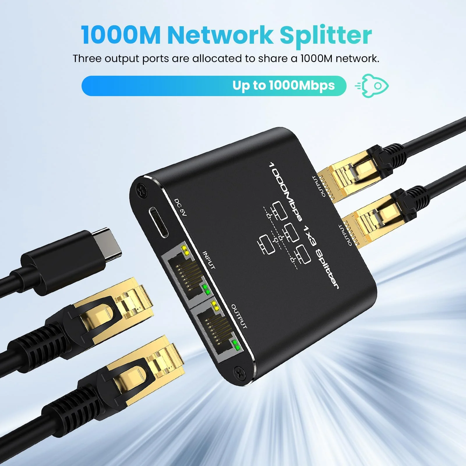 LAN Splitter 1 auf 3 1000Mbps Out, LAN Switch Aluminium Netzwerk Switch 3 Port LAN Verteiler Gigabit Ethernet Switch Mit USB-C-Netzkabel RJ45 /Internet Splitter für Computer, Router, Set-Top Box - Image 3