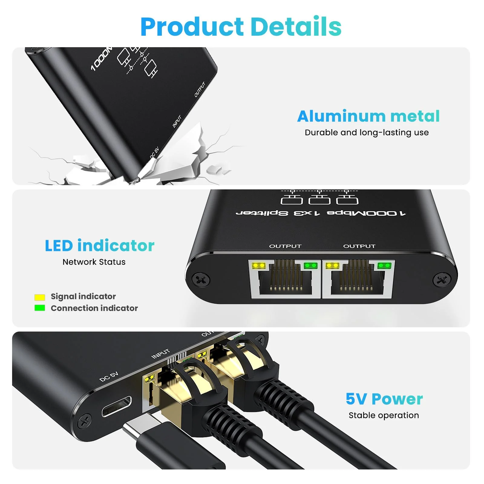 LAN Splitter 1 auf 3 1000Mbps Out, LAN Switch Aluminium Netzwerk Switch 3 Port LAN Verteiler Gigabit Ethernet Switch Mit USB-C-Netzkabel RJ45 /Internet Splitter für Computer, Router, Set-Top Box - Image 5