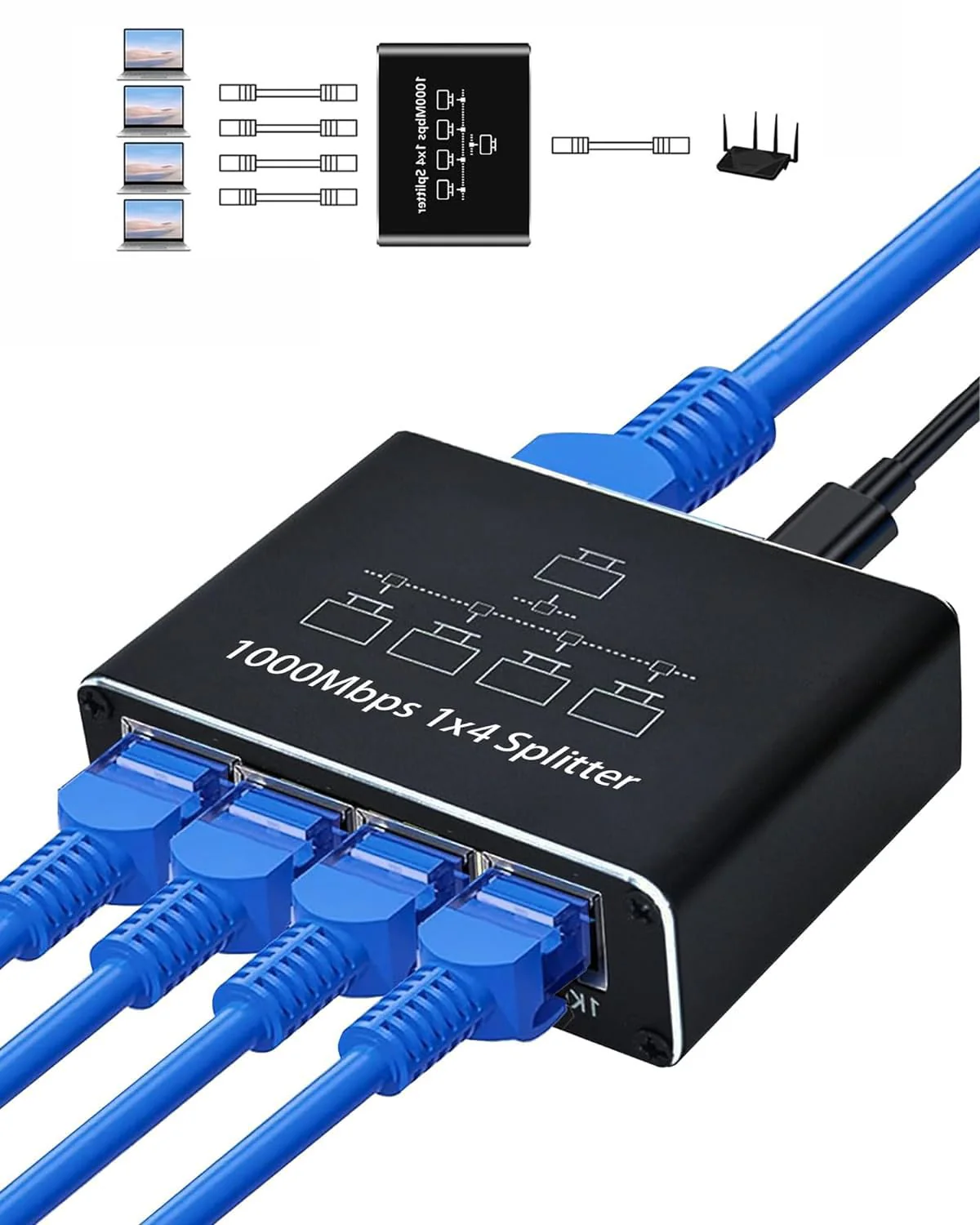 LAN Splitter 1 auf 4 Ethernet Splitter 1000 Mbps LAN Switch 4 Port mit Typ-C Netzkabel, Ethernet Switch RJ45 Splitter für Computer, Switch, Router, Set-Top Box, ADSL, Digital TV, et