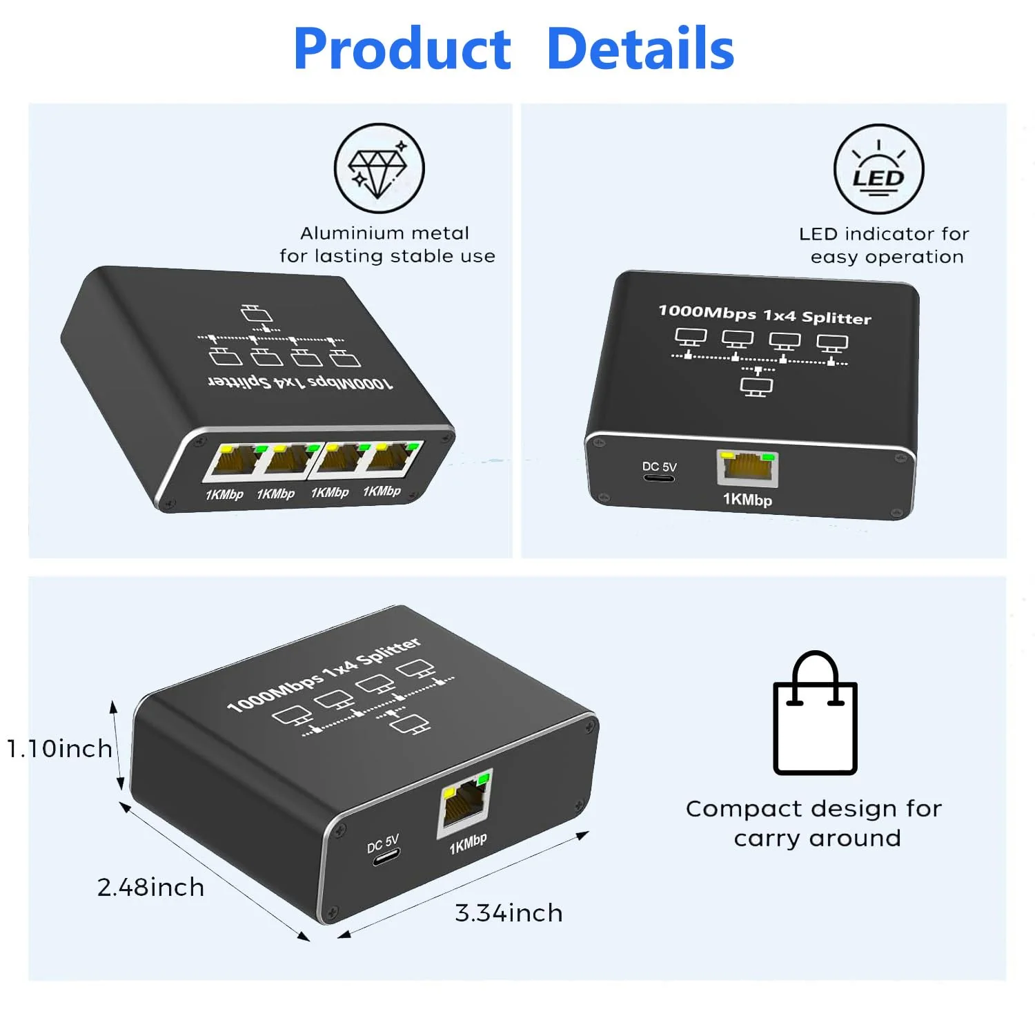 LAN Splitter 1 auf 4 Ethernet Splitter 1000 Mbps LAN Switch 4 Port mit Typ-C Netzkabel, Ethernet Switch RJ45 Splitter für Computer, Switch, Router, Set-Top Box, ADSL, Digital TV, et - Image 3