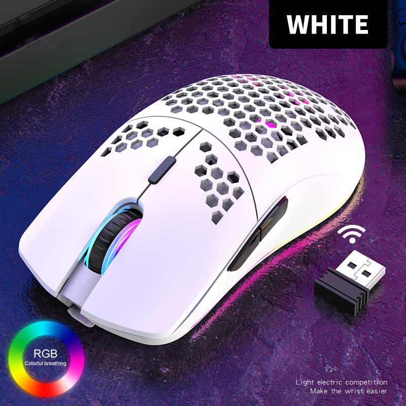 Lancoon Kabellose Gaming Maus, Hohl Geschnitztes Design, Bunt, Wiederaufladbar, Langlebig, 2.4 G 4 Einstellbare 3200-DPI-Stufen, 7 Tasten, Optischer Sensor Für E-Sportb Arbeit(Weiß)